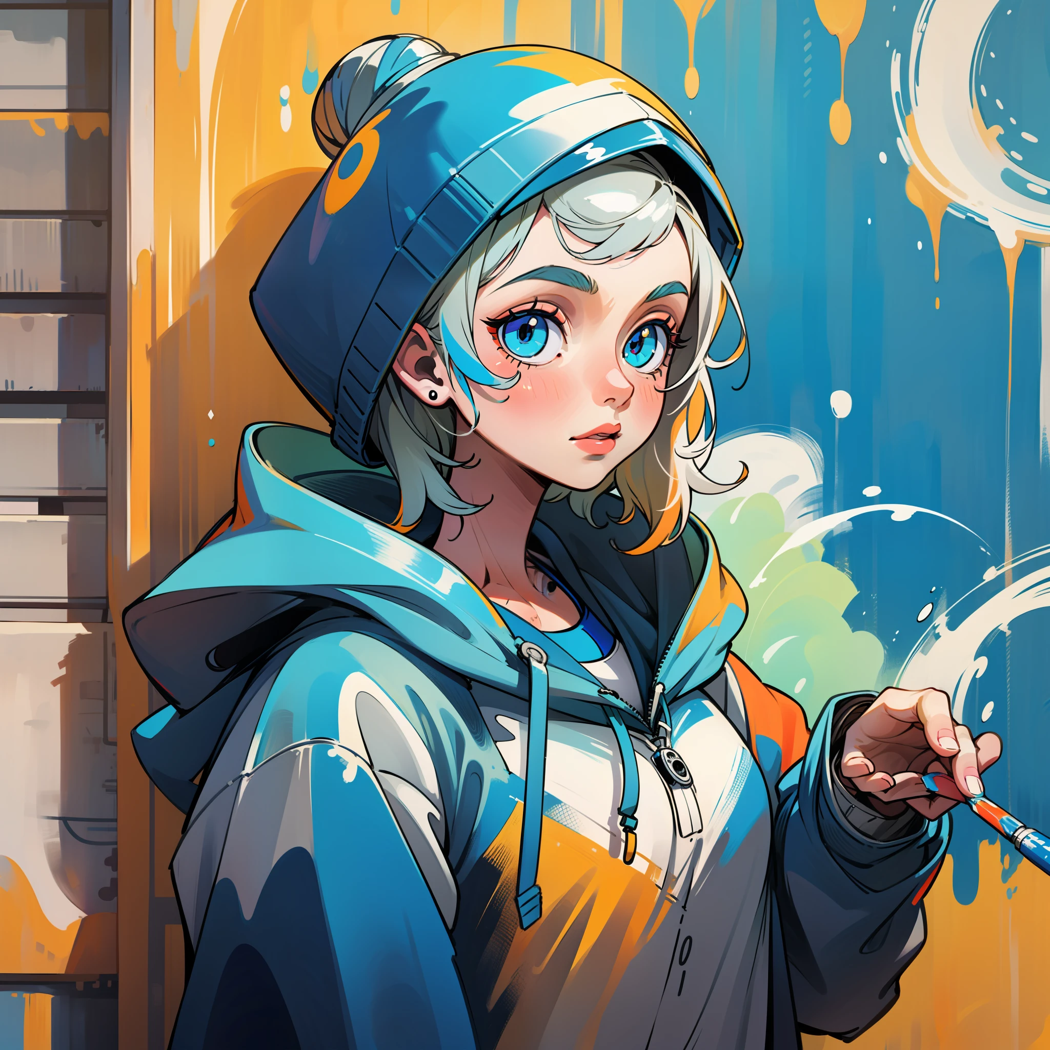 Girl wearing blue and white hooded coat, painting wall with bright colors, paints on the scenery, latinha de spray na mão, rosto com pequena marca de tinta