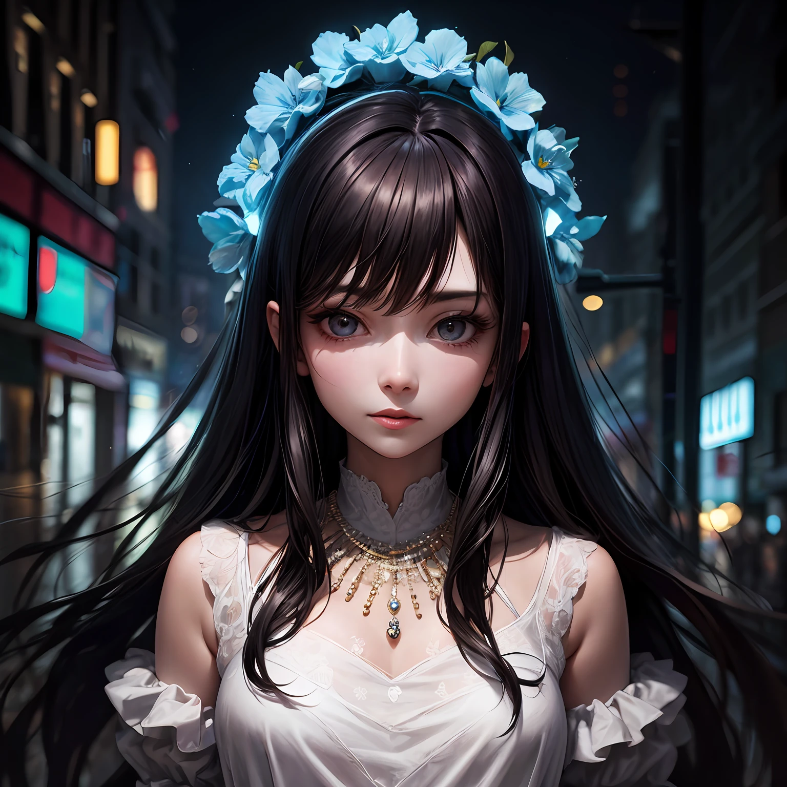 Long-haired Aalfi woman in white dress and necklace, double eyelids, 8k artistic bacterial bokeh, inspired by Zheng Yanjun, 8k portrait rendering, soft portrait shot 8k, Guvez style artwork --auto