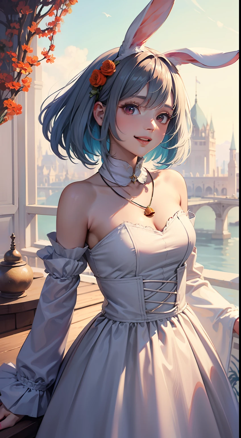 highly detailed,ultra-detailed,best quality,masterpiece,extremely detailed,best shadow,solo,rabbit, 1girl, long white hair, red eyes, white dress, (carrot:1.1), bell necklace, flowers, cute, adorable, whimsical, fantastical, magical, enchanting, surreal, ethereal, dreamlike, charming, lovely, pretty, graceful, delicate, innocent, playful, joyful, lively, energetic, vibrant, colorful, cheerful, happy, blissful, radiant, mystical, mythical, fictional, imaginary, fairytale, fantasy.