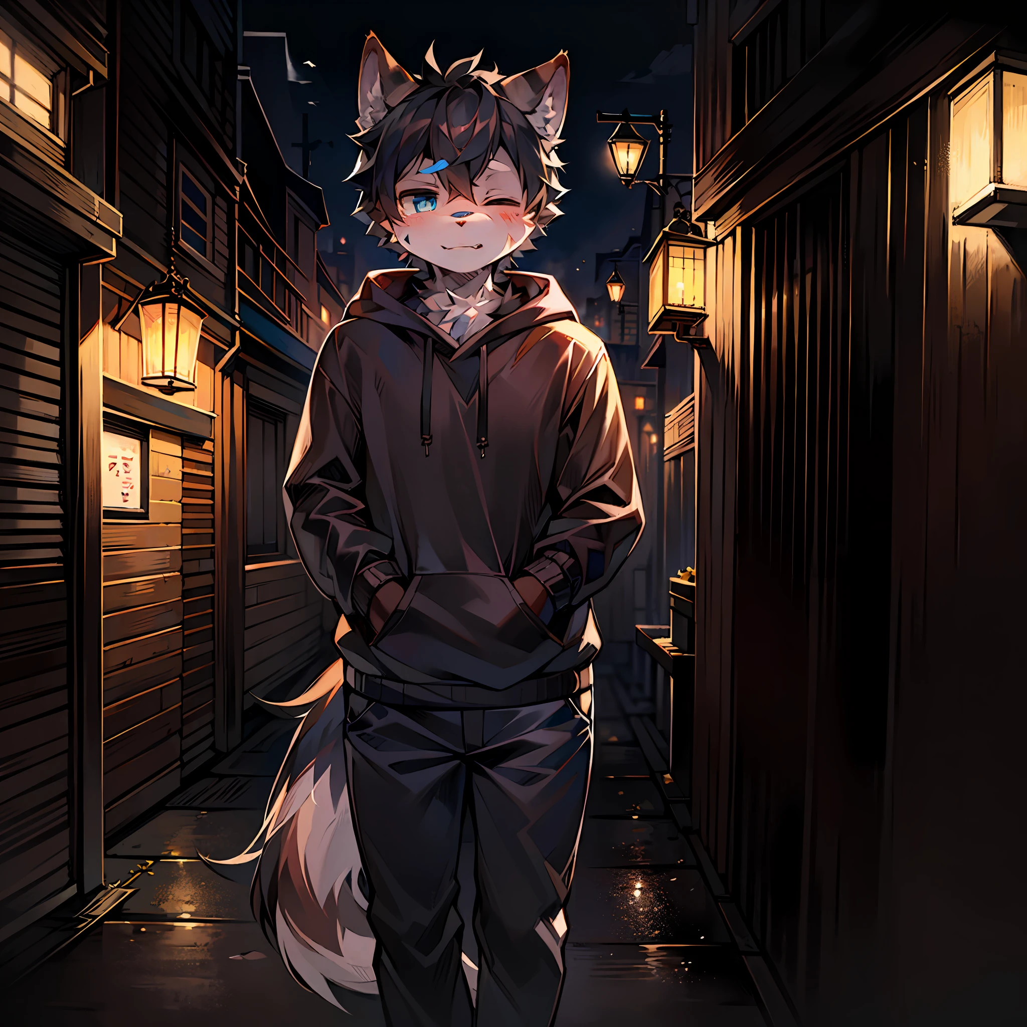 (Dark Environment: 0.8), Masterpiece, High Quality, Abstract Res, Digital Painting\(artwork\), by Dagasi, Yupa, Kiyosan, (Anthro, Fluffy Fur, Character Focus: 1.1), Anthro Male Cat, Short Hair, Portrait , bright eyes, panorama, character focus. (detailed background: 0.7), solo, furry, furry young male, male focus, anthr, (full body fur, fluffy tail, black gray fur, blue eyes, gray-black hair: 1.2), (long canine, wolf) (left eye closed) (visible scar marks on left eye) (blue right eye) (sixteen years old) (wearing black sweatshirt) (gray-black hair all over) (gray-black hair all over) (gray-black all over), gray-black facial hair)