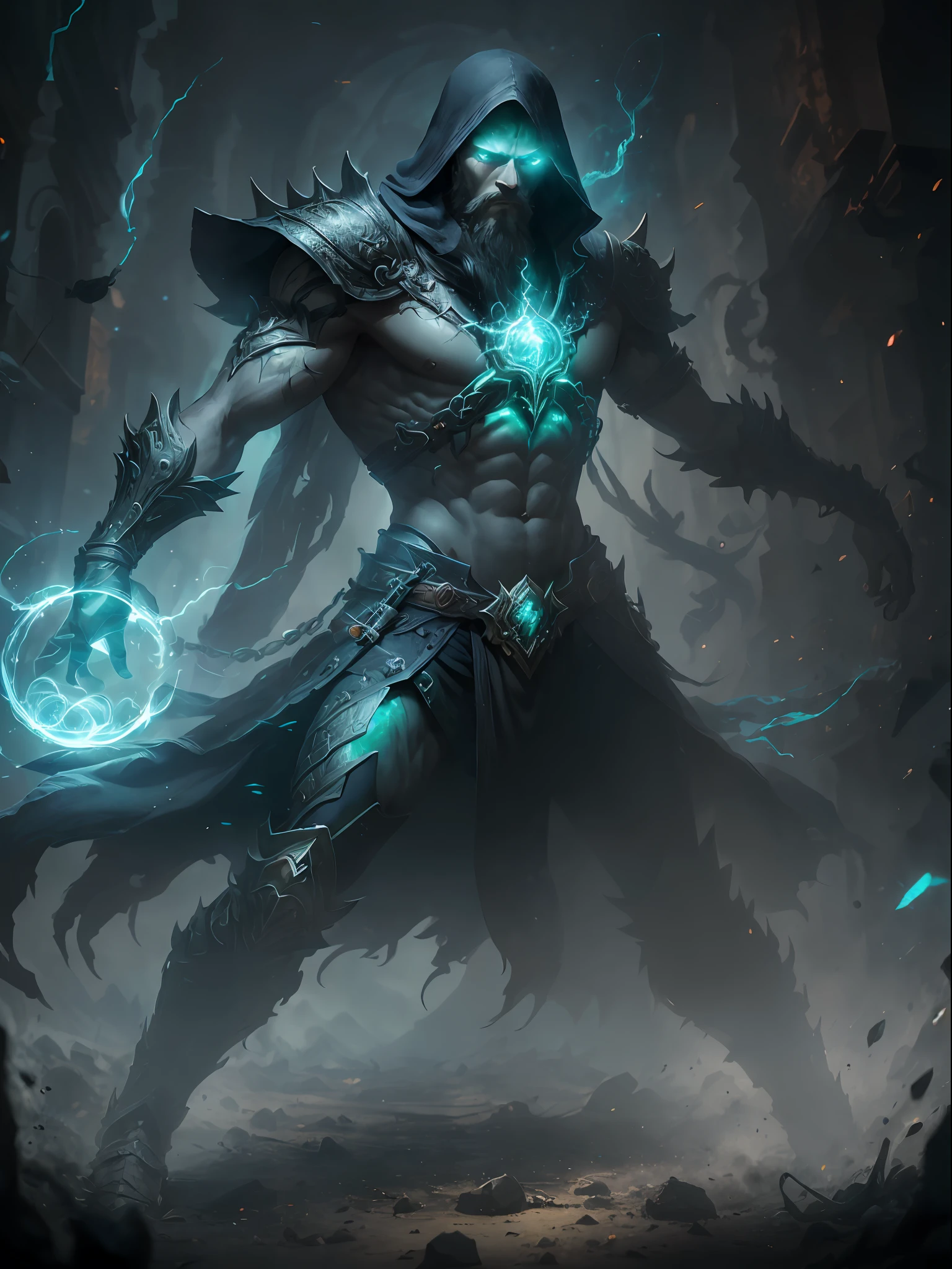 (masterpiece, best quality, high quality, extremely detailed, hyperrealistic, CG, unity, 4k), fullbody Portrait of corrupted necromancer, evil, long beard, green pulsating magic lines on black baroque armor, gradient magic energy swirling around, intricate, detailed eyes, particles effect, lens flare, depth of filed, cinematic lighting, dark fantasy, dynamic angle, full shot, dramatic pose, sinister,