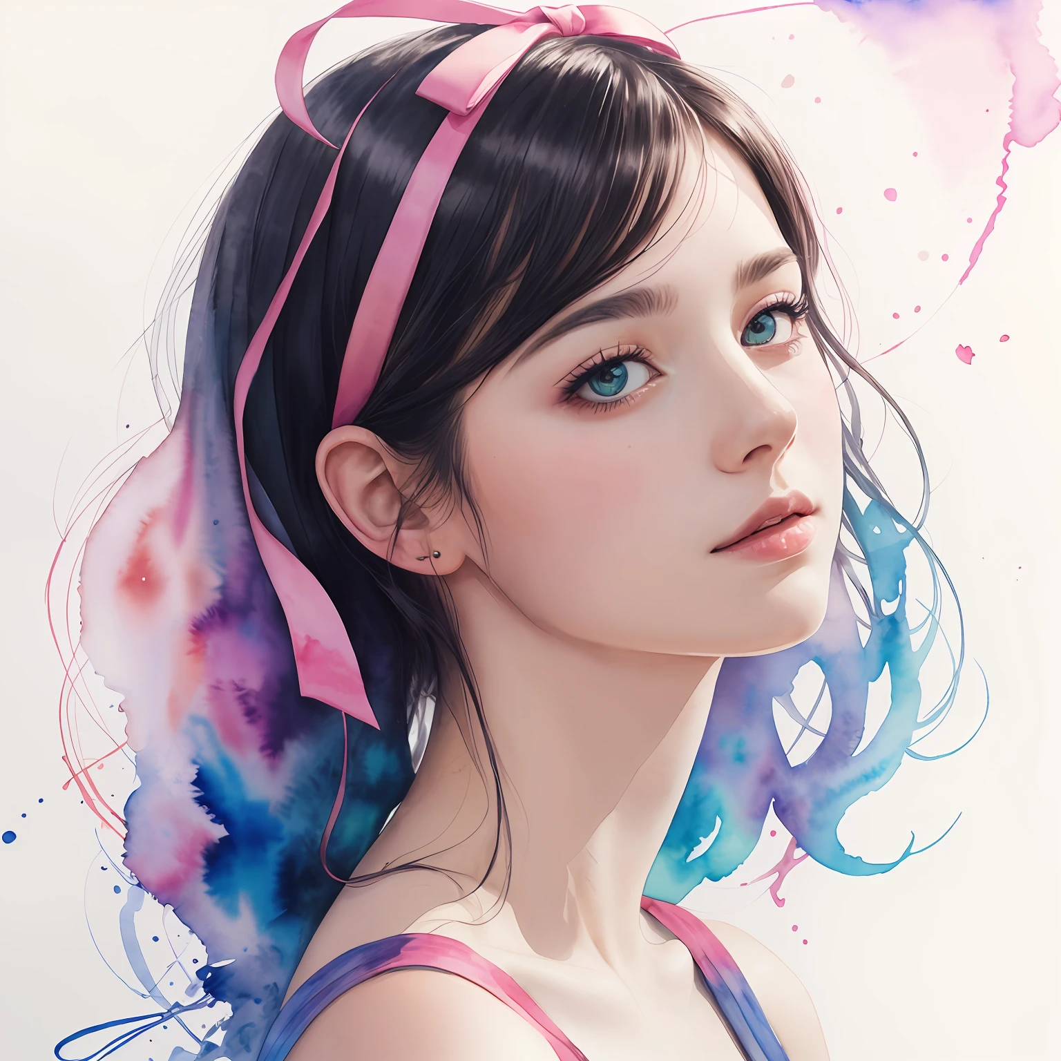 (8k, best quality, masterpiece),(best quality), (ultra highres:1.0), watercolor, a beautiful woman, shoulder, hair ribbons, by agnes cecile, half body portrait, extremely luminous bright design, pastel colors, (ink:1.3), autumn lights