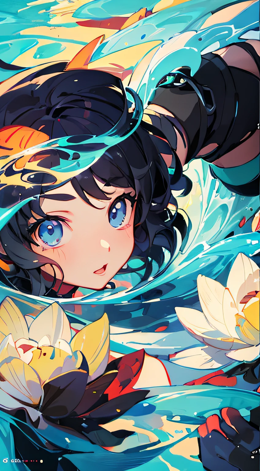 Water & Flowers, Artgerm and Atey Ghailan, Detailed Chinese Style Anime Art, Loish and Wlop, Anime Boy Walking in Water, Digital Anime Illustration, Goldfish --auto