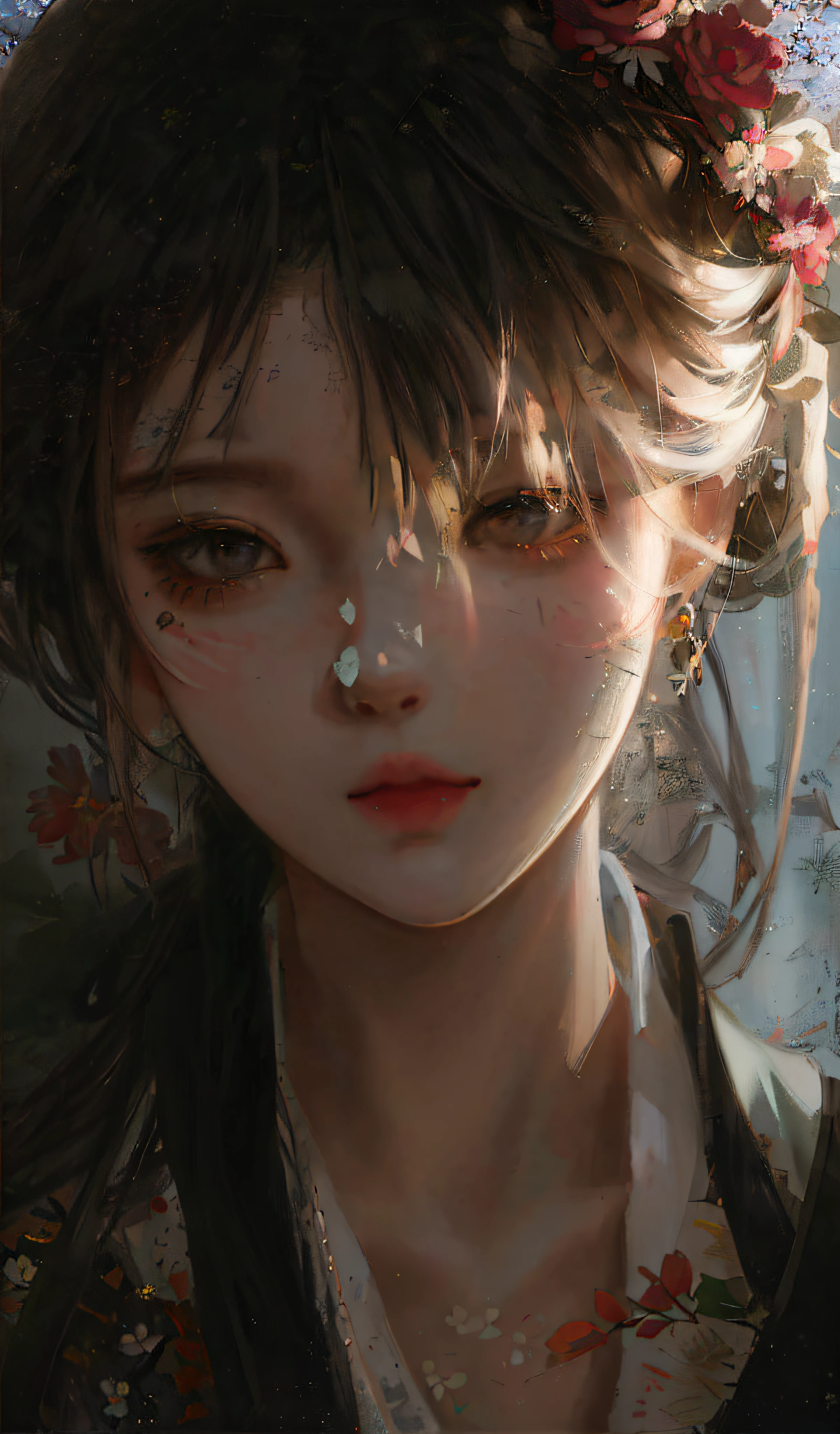 anime girl with flower crown and hair in front of a tree, artwork in the style of guweiz, guweiz, detailed portrait of anime girl, beautiful anime portrait, beautiful character painting, stunning anime face portrait, guweiz masterpiece, realistic cute girl painting, detailed face of a asian girl, detailed painting 4 k, portrait anime girl, by Yang J