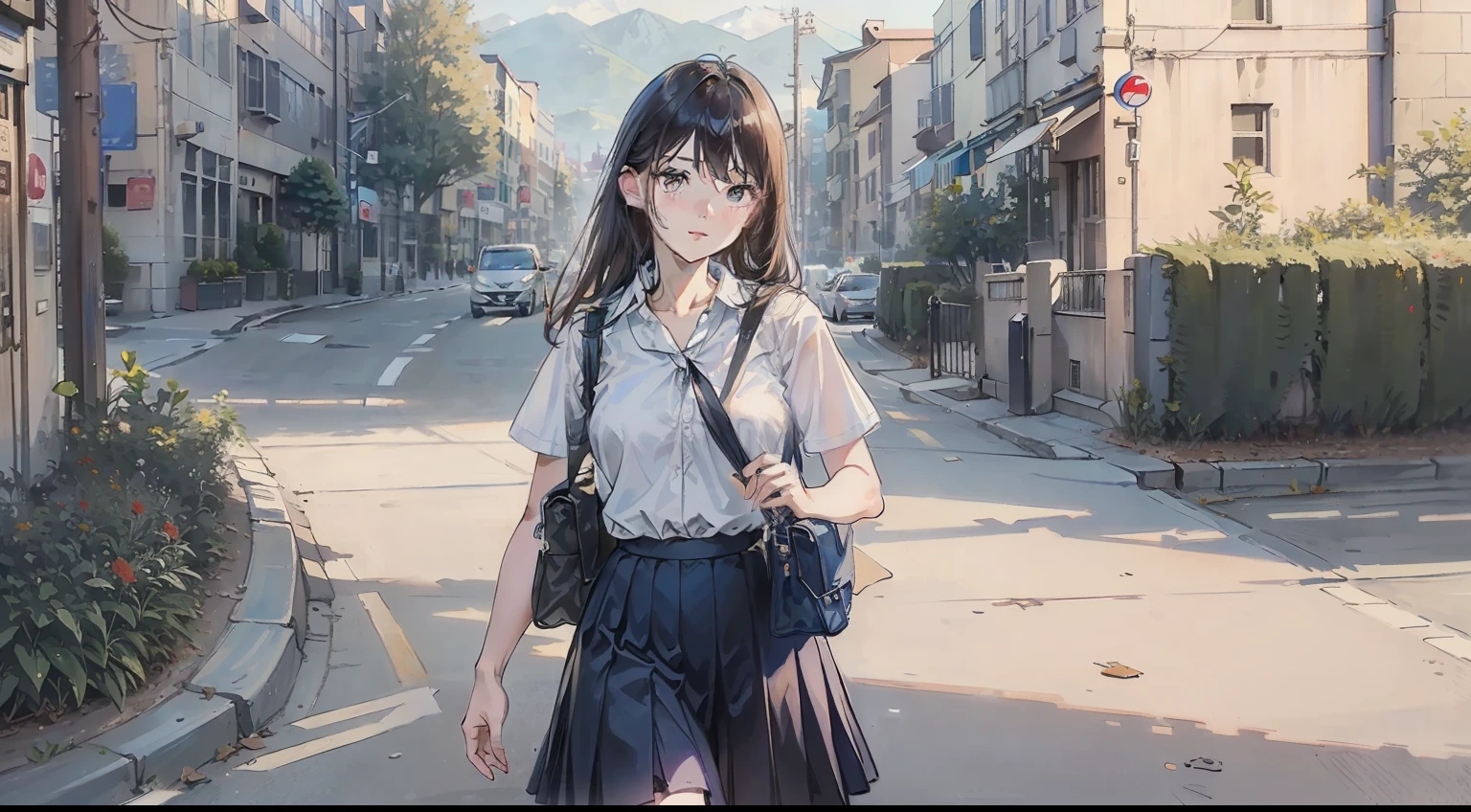 masterpiece, top quality, very delicate and beautiful, super definition, highest quality, high resolution, very elaborate, top quality, illustration, impasto, realism, realistic, high school student with brown shoulder bag, white shirt, dark blue skirt Commute to school
