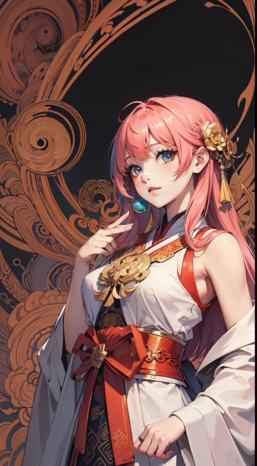 (masterpiece, top quality, best quality, official art, beautiful and aesthetic:1.2), (1girl:1.3), extremely detailed,(fractal art:1.2),colorful, highest detailed, (zentangle:1.2), (dynamic pose), (abstract background:1.5), (treditional dress:1.2), (shiny skin), (many colors:1.4), upper body, yae miko, pink hair, shine hair,