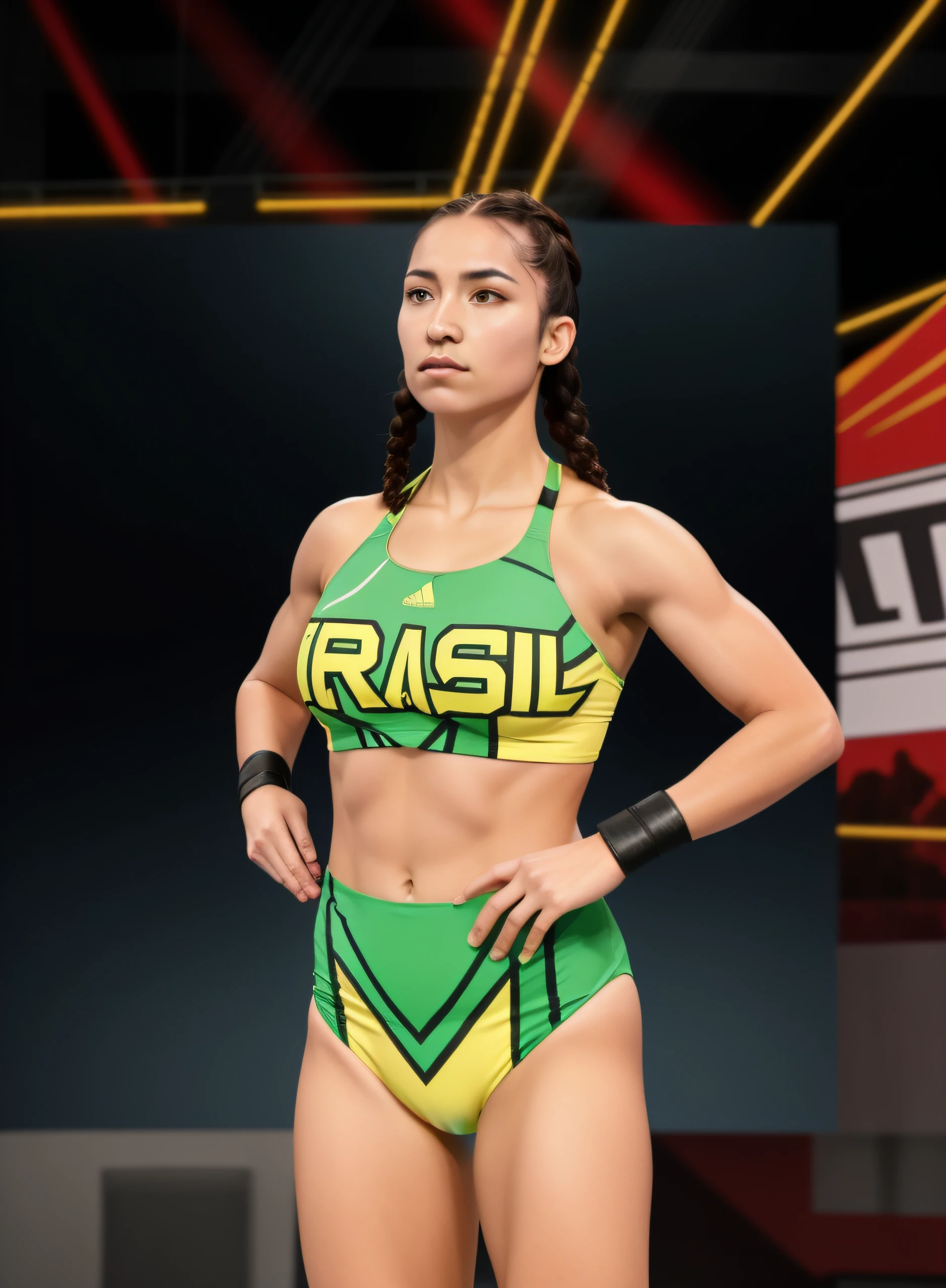 Fit Brazilian female wrestler with tied braids, in green and yellow bra, green and yellow trunks, black wristbands, photo realistic, intricate details