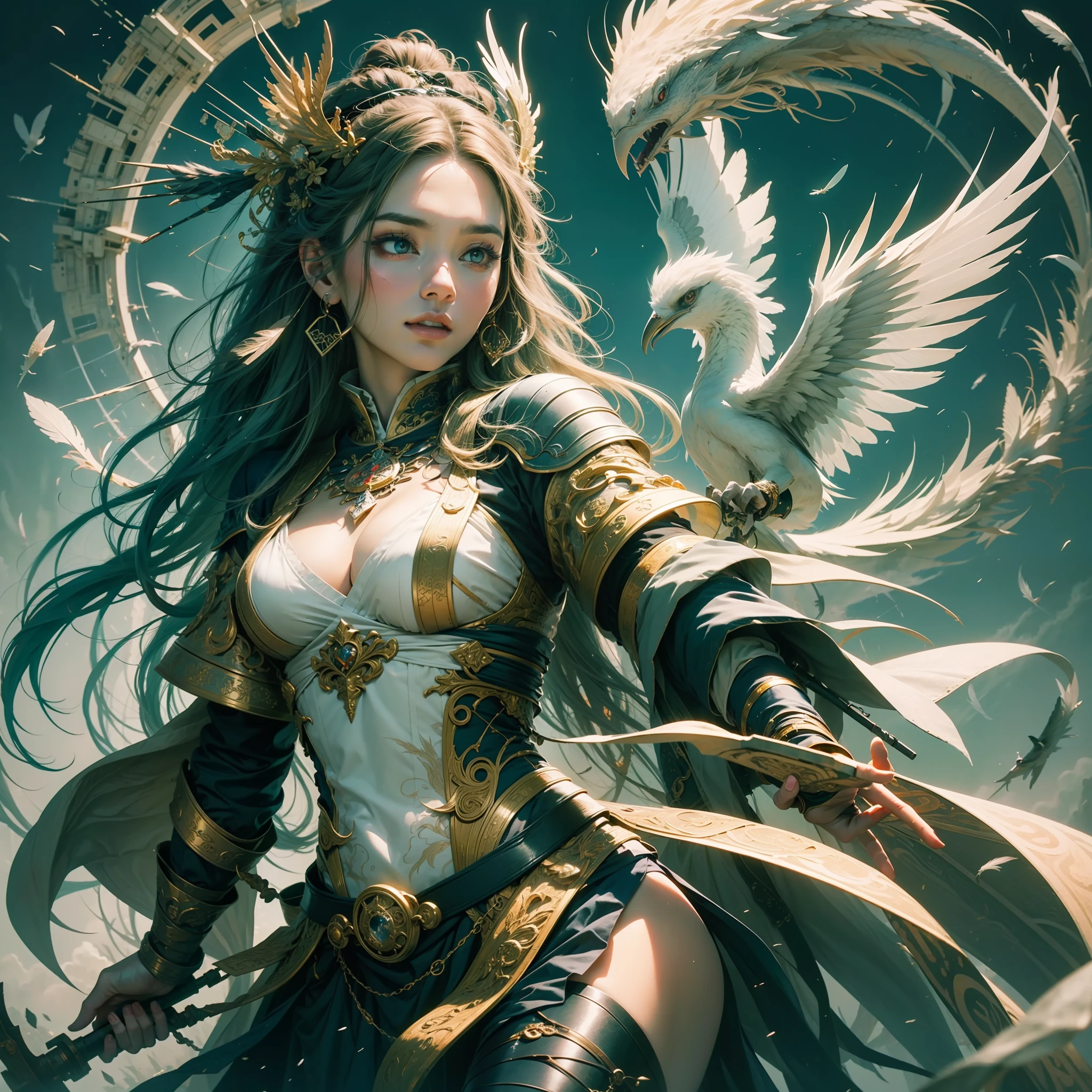 Goddess flying sky, Chinese style, phoenix fairy, gorgeous clothes, beautiful feather patterns, weapon in hand, 32k --niji 5