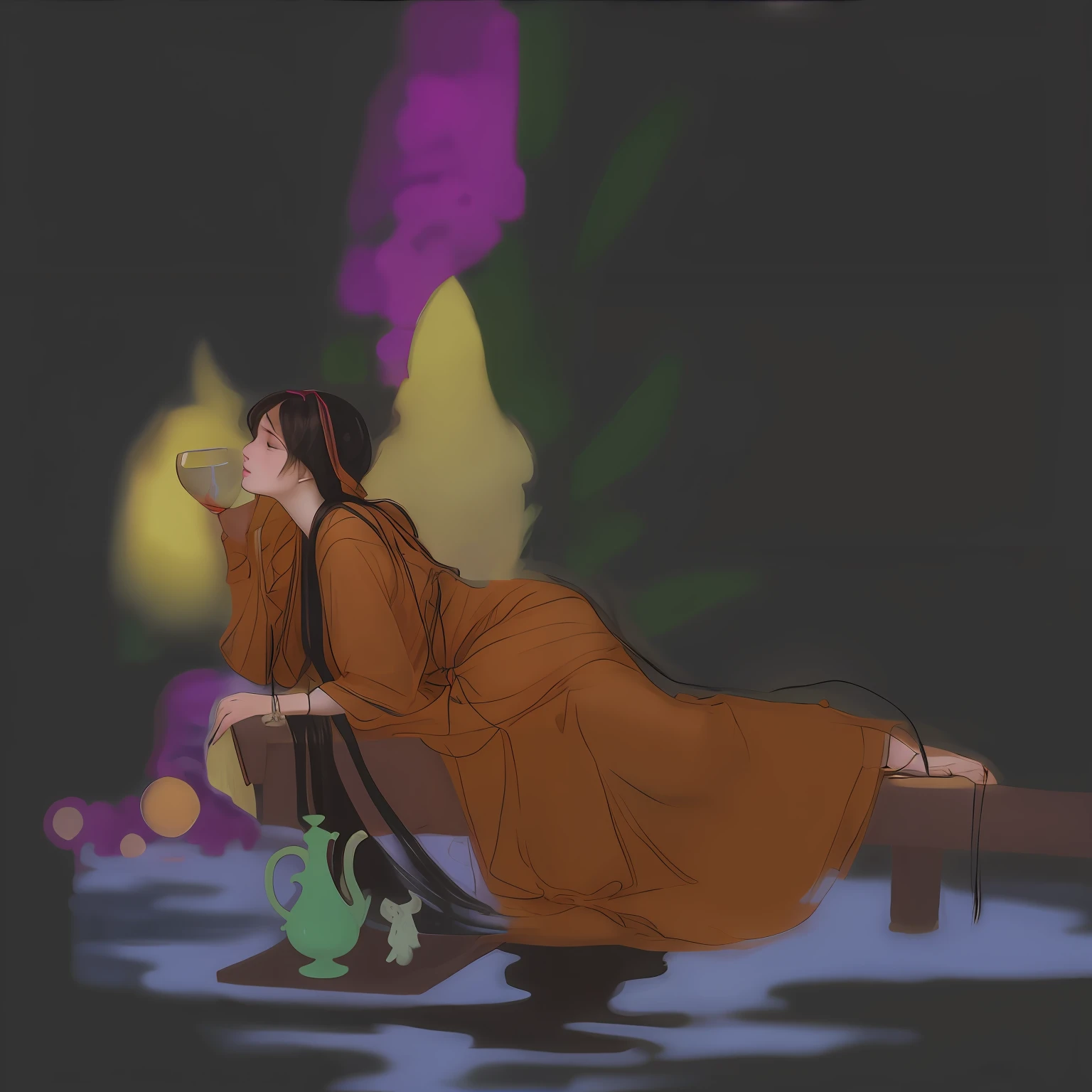 Night. Moonlight, the image of a woman in a long dress sitting on a bench, a delicate side face, long black hair fluttering, delicate decoration, inspired by George de la Tour, inspired by John Caspar Fusley, inspired by Gao Qipei, inspired by Francesco Hayez, inspired by Alexander Cabanel, inspired by Otake Chiba, inspired by Lawrence Alma-Tadema, yellow and purple flowers , banana leaves, jade wine jug and wine glass, woman lying on a wooden platform with her hair falling into the water, The surface of the water is sparkling, graceful, masterpiece, very slender,