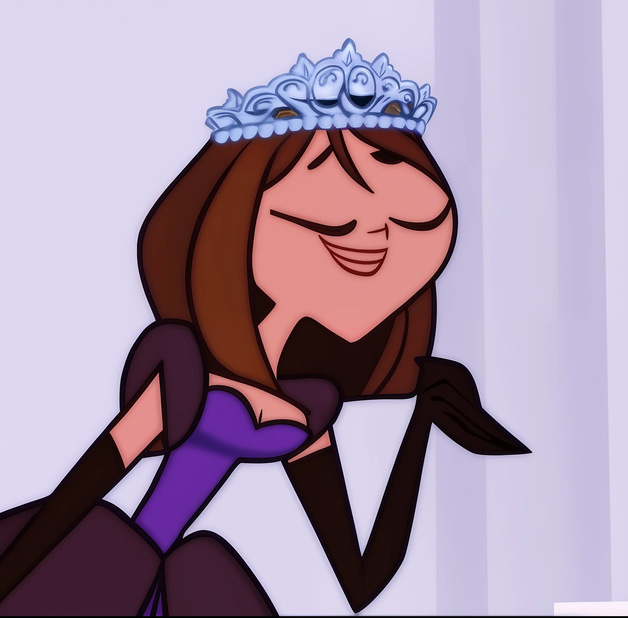 a cartoon picture of a woman in a purple dress and a tiable, wearing tiara, wearing a tiara, tiara, toon, posing in leotard and tiara, jaidenanimations, wearing a crown and suit, nefarious smirk, wearing a diamond crown, rei hino as a princess, smiling as a queen of fairies, dressed as a queen