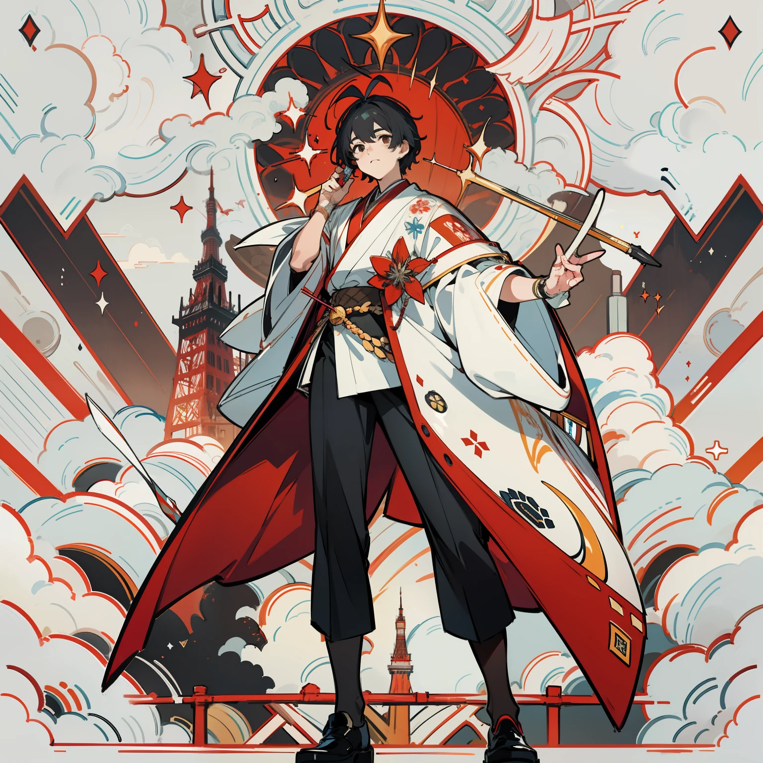 Create a full-body, highly detailed, and high-resolution 16k image of a beautiful boy who personifies the Tokyo Tower. he should be standing, with he entire body visible. He design should emphasize elements that are characteristic of Tokyo Tower, such as its red and white color scheme and its distinctive antenna. The background should be completely black, highlighting the character even more. He pose should be strong and confident, reflecting the towering presence of the landmark he represents. The art style should be photorealistic, with a focus on capturing the intricate details of her design. --ar 16:9 --v 5.1 --style raw --q 2 --s 750