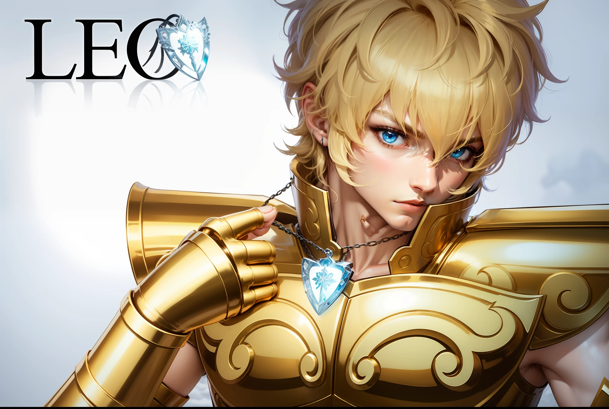 Aiolia of Lion, Saint Seiya, Knight in gold armor, 8K, Masterpiece, brown blonde hair, light skin and bright and dark blue eyes, a necklace around his neck with the shape of a cross, one of his hands resting on this necklace, a snow backdrop behind the character
