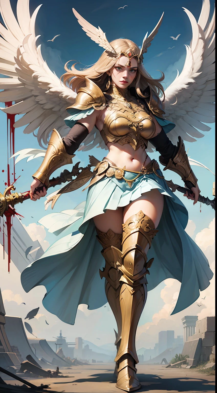 highly detailed,ultra-detailed,best quality,masterpiece,extremely detailed,best shadow,solo,long sword, female warrior, Valkyrie, armor, blood, hope, painting, art, depiction, strength, bravery, determination, heroic, fierce, battle-ready, stoic, powerful, resolute, inspiring, mythical, legendary, mythological, divine, supernatural, goddess, champion, valiant, intrepid, indomitable, unconquerable.