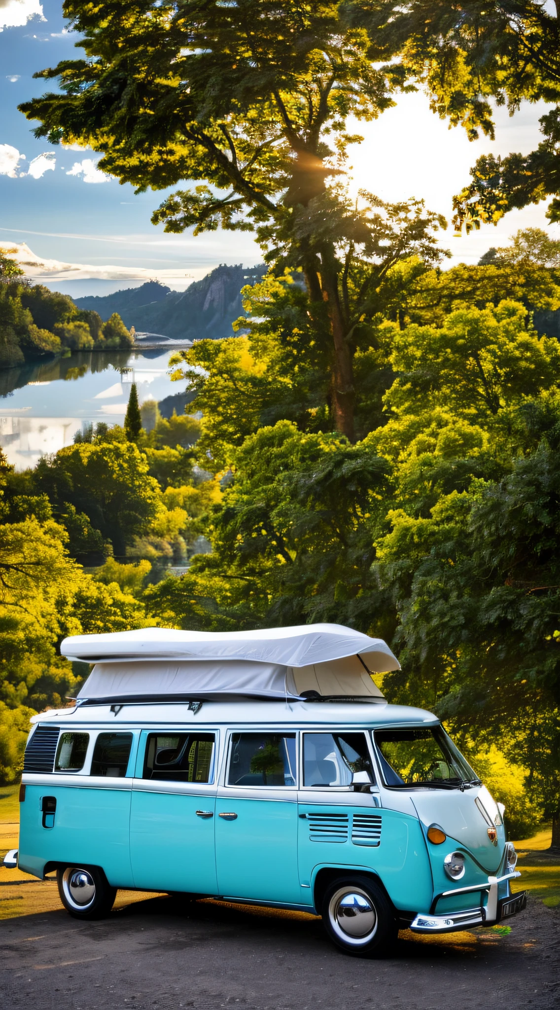 A bright sky blue Kombi from 1990 with silver wheels, black windows,car side photo, day, sun, landscape, nature, magnificent --auto