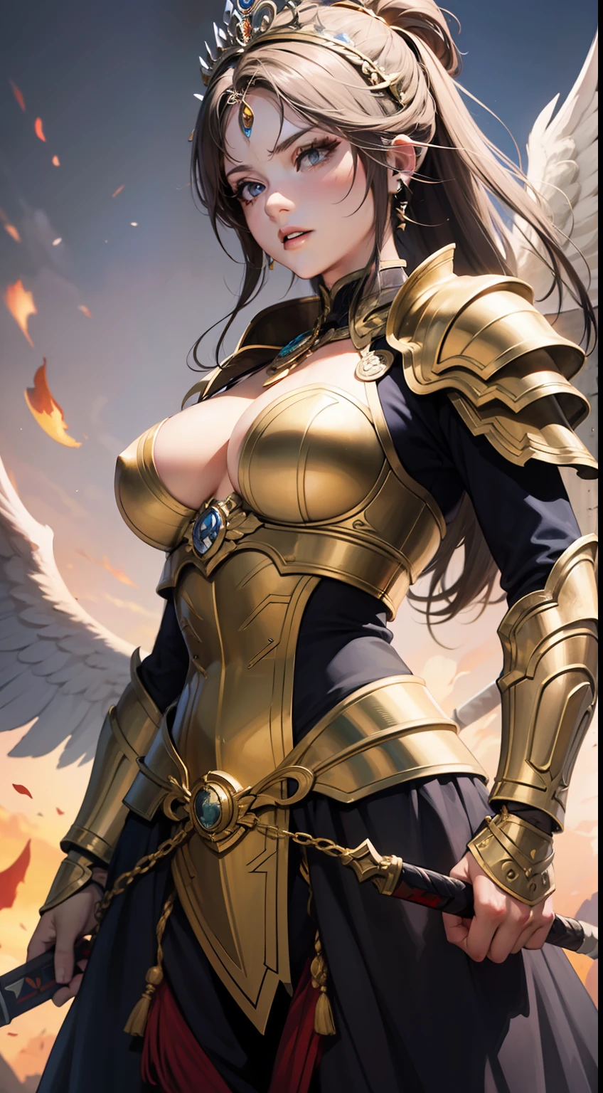 highly detailed,ultra-detailed,best quality,masterpiece,extremely detailed,best shadow,solo,long sword, female warrior, Valkyrie, armor, blood, hope, painting, art, depiction, strength, bravery, determination, heroic, fierce, battle-ready, stoic, powerful, resolute, inspiring, mythical, legendary, mythological, divine, supernatural, goddess, champion, valiant, intrepid, indomitable, unconquerable.