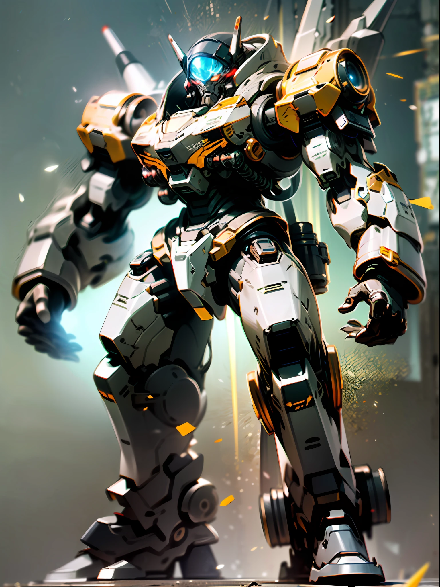 ((Masterpiece, Top Quality, Best Quality, Official Art: 1.2)), ((Game Concept Design, Orc Form: 1.5)) Very detailed, highest detail, high resolution, ((ultra-detailed)), deformed fighter mech standing between tall buildings, with vortex fan propellers on both shoulders, glowing eyes, threaded gun barrels, Gatling heavy machine guns, military giant mechs, missiles, rocks, (more complex background, Maritime War Background: 1.3) Future Technology, Realism, NVIDIA RTX, Super Resolution, Unreal 5, Underground Scattering, PBR Textures, Post-processing, Anisotropic Filtering, Depth of Field, Maximum Acutance and Acutance, Multilayer Textures, Specular and Albedo Mapping, Surface Shading, Accurate Simulation of Light-Material Interactions, Perfect Proportions, Octane Rendering, Two-tone Lighting, Low Luminosity, White Balance, Rule of Thirds, Large Aperture, 8K Raw Data, High Efficiency Subpixels, Subpixel Convolution, Light Particles, light scattering, tyndall effect, ray tracing,