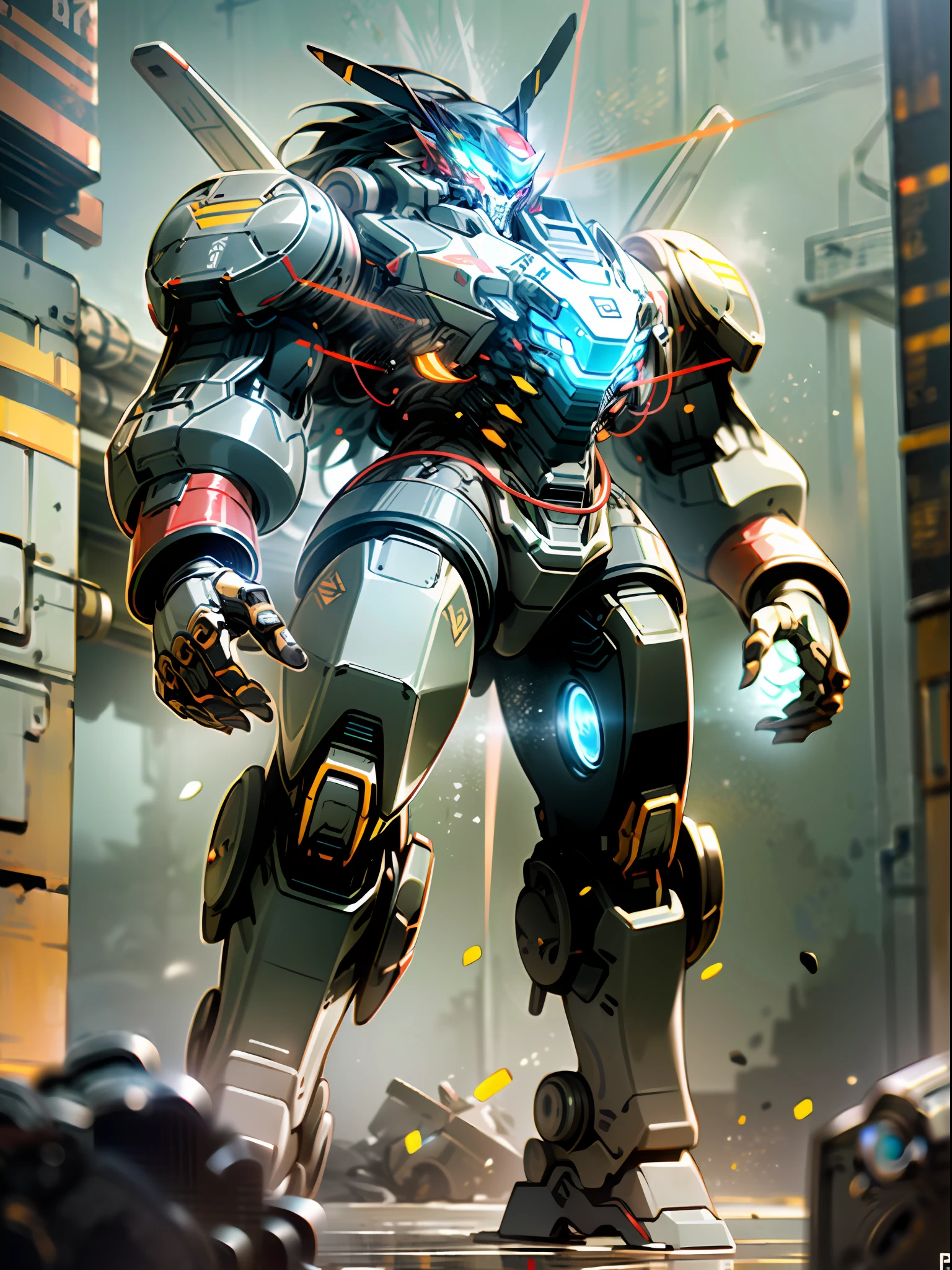 ((Masterpiece, Top Quality, Best Quality, Official Art: 1.2)), ((Game Concept Design, Orc Form: 1.5)) Very detailed, highest detail, high resolution, ((ultra-detailed)), deformed fighter mech standing between tall buildings, with vortex fan propellers on both shoulders, glowing eyes, threaded gun barrels, Gatling heavy machine guns, military giant mechs, missiles, rocks, (more complex background, Maritime War Background: 1.3) Future Technology, Realism, NVIDIA RTX, Super Resolution, Unreal 5, Underground Scattering, PBR Textures, Post-processing, Anisotropic Filtering, Depth of Field, Maximum Acutance and Acutance, Multilayer Textures, Specular and Albedo Mapping, Surface Shading, Accurate Simulation of Light-Material Interactions, Perfect Proportions, Octane Rendering, Two-tone Lighting, Low Luminosity, White Balance, Rule of Thirds, Large Aperture, 8K Raw Data, High Efficiency Subpixels, Subpixel Convolution, Light Particles, light scattering, tyndall effect, ray tracing,