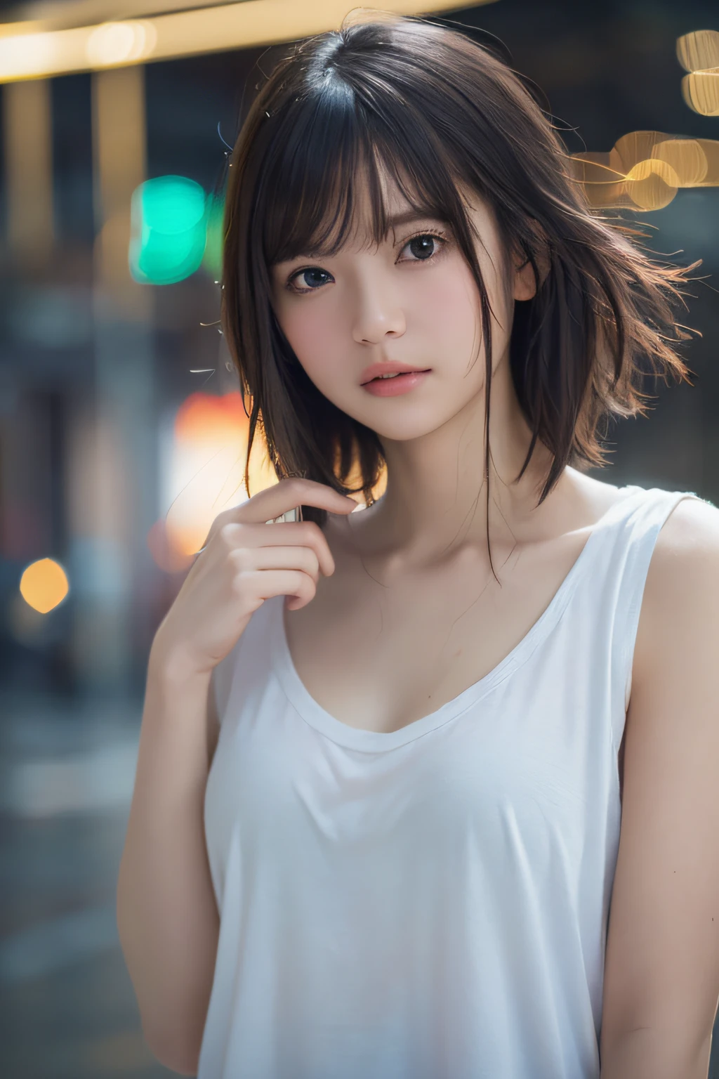 Random Pose, mix4, (8K, RAW photo, best quality, masterpiece: 1.45), (Realistic, photorealistic: 1.37), One girl, cute, cityscape, night, rain, wet, professional lighting, photon mapping, radiosity, physically based rendering, gradient black hair, short curly hair, handsome, girl, t-shirt, top quality photos, high resolution, 1080p, (Clear Face), (Detailed Face Description), (Detailed Hand Description), (Masterpiece), (Exquisite CG), Extreme Light and Shadow, Tousled Hair, Masterpiece, Rich Detail, (Fine Facial Features), (Best Quality Photo), (Masterpiece), (Fine Eyes), Look In Front of You, Fine Clavicle,