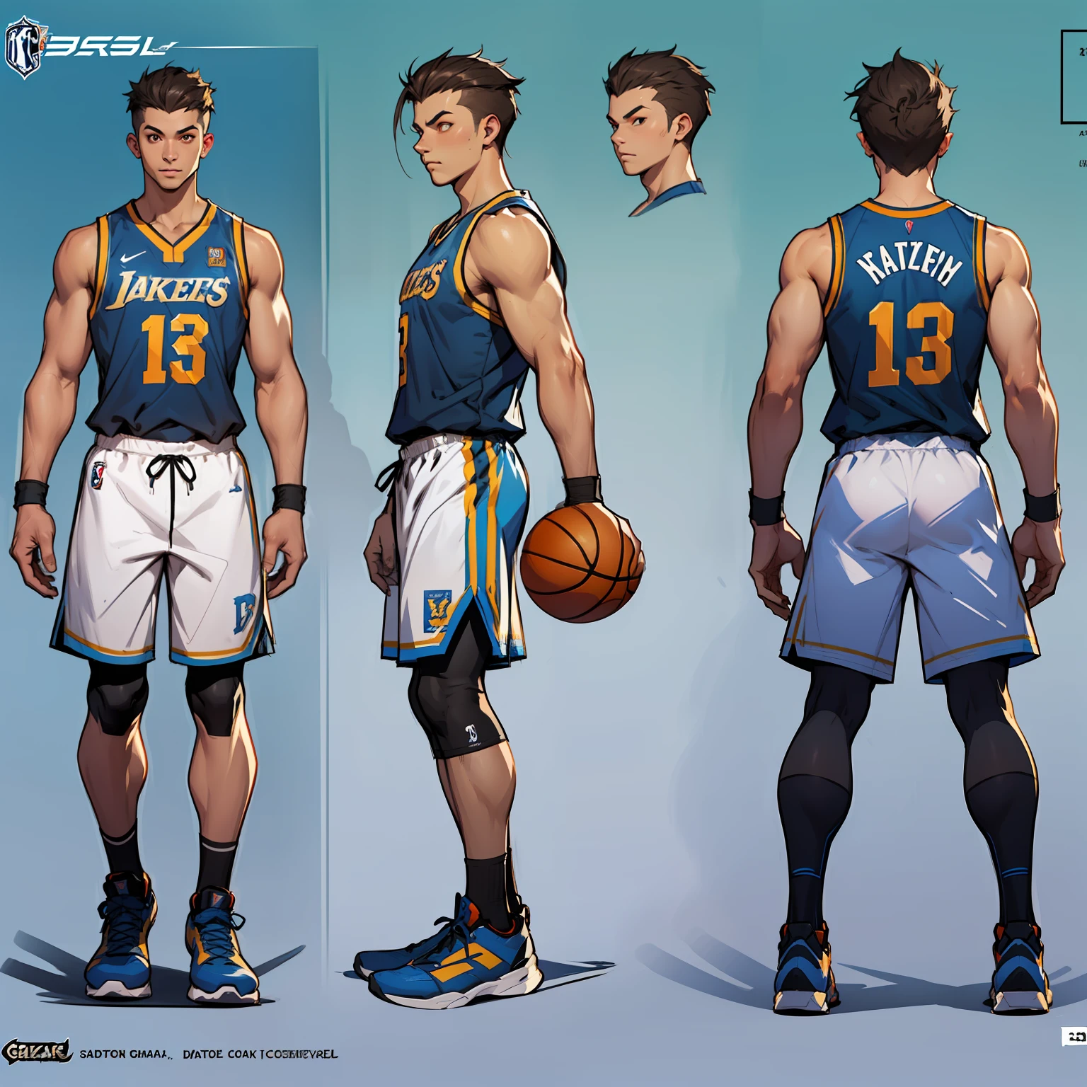 A boy in basketball jersey and basketball pants, hairstyle back ((character concept art)), ((character design sheet, same character, front, side,)) character art, video game character design, video game character design, expert high detail concept art, concept art, fun character design,