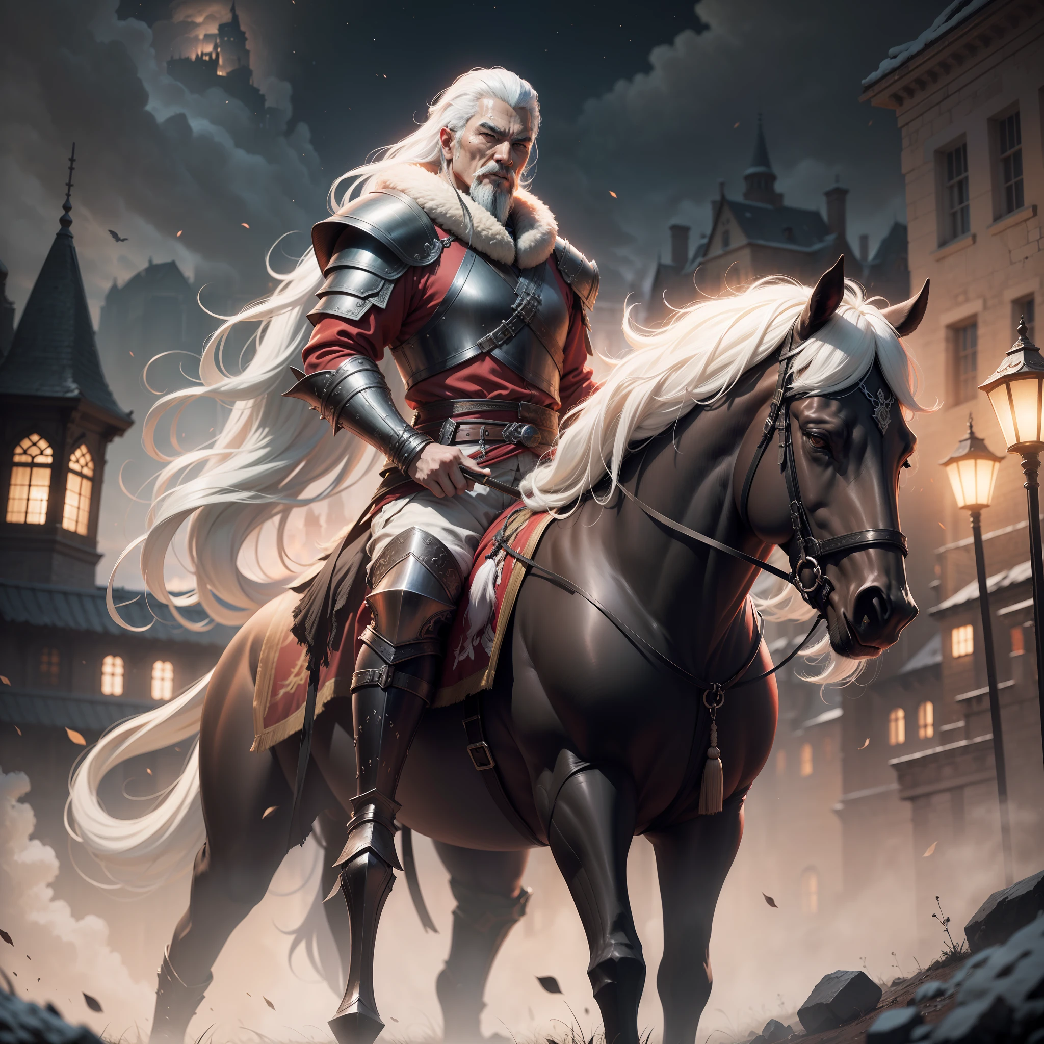 Genghis khan, red jacket with white hair, wearing black armor,castle at night, Gothic Realistic ,4k