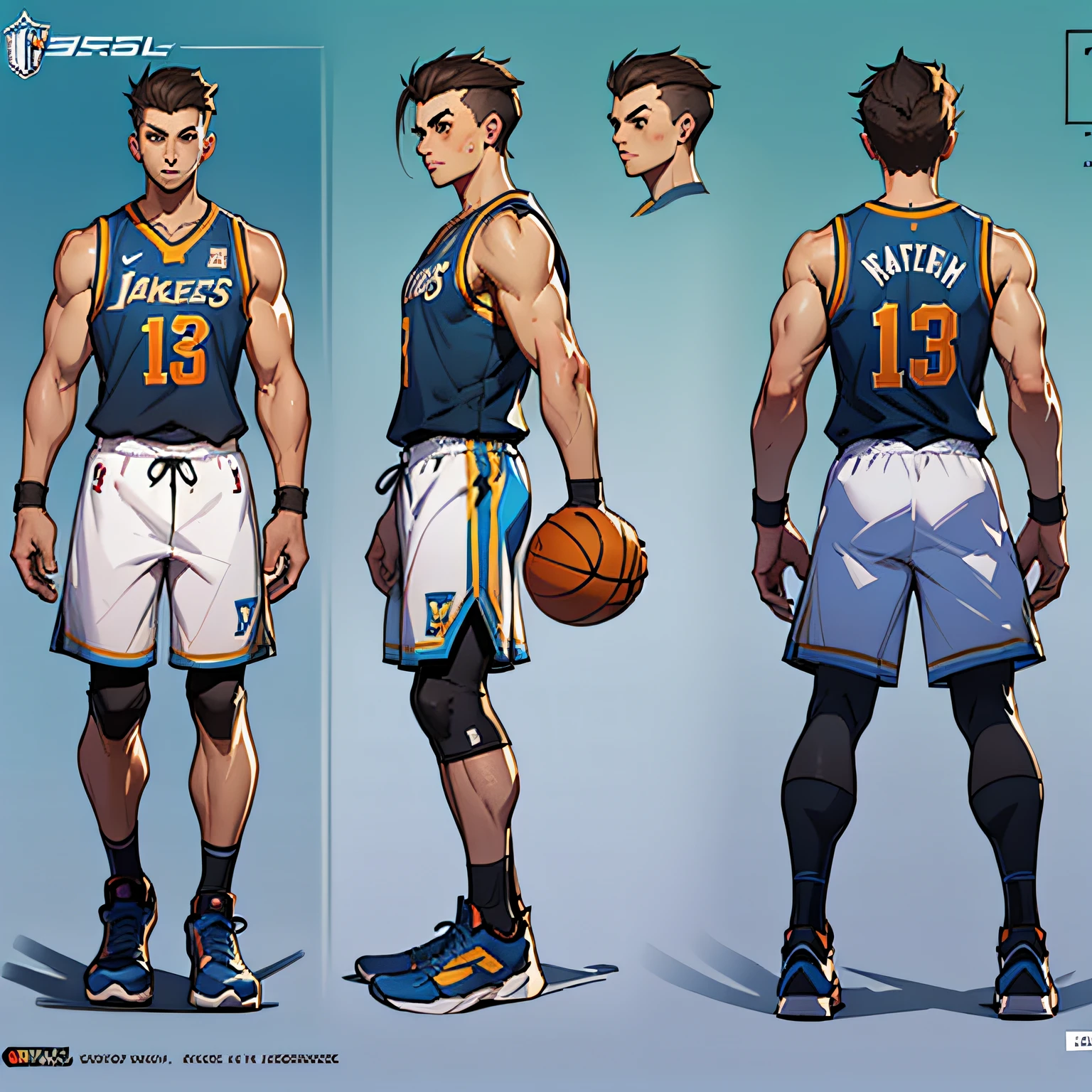 A boy in basketball jersey and basketball pants, hairstyle back ((character concept art)), ((character design sheet, same character, front, side,)) character art, video game character design, video game character design, expert high detail concept art, concept art, fun character design,