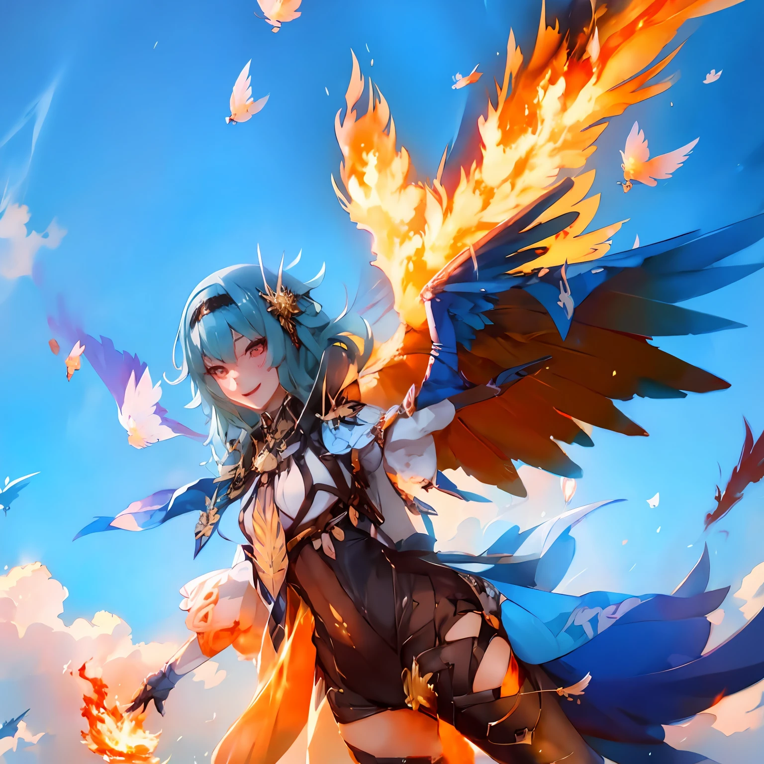 anime girl with red hair and wings flying in the sky, with fiery golden wings of flame, with fiery golden wings, inspired by Krenz Cushart, expressing joy. by krenz cushart, digital art on pixiv, artgerm and atey ghailan, digital anime art, trending on artstation pixiv, by Yang J