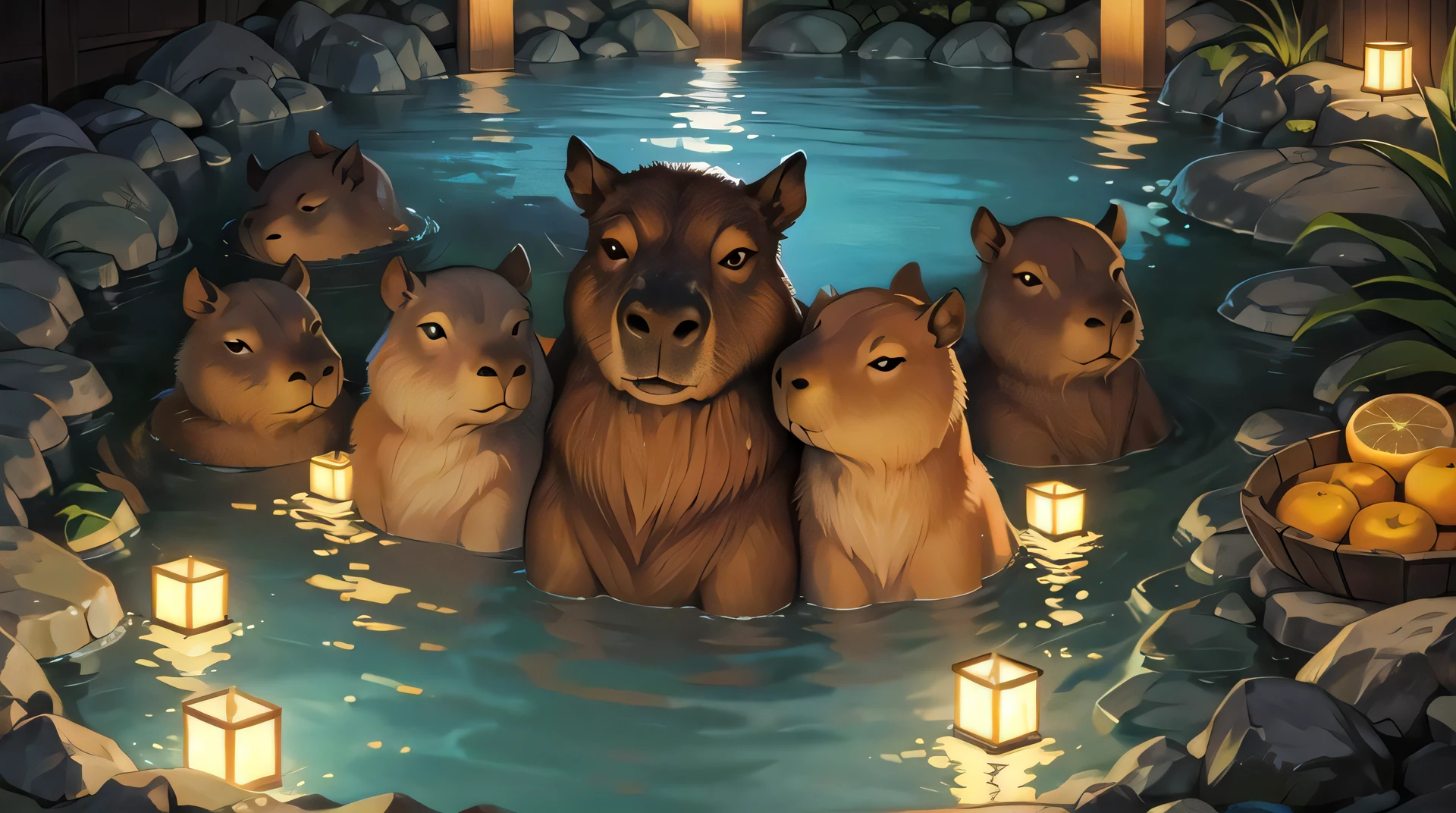 no humans, capybara, multiple capybara, baby capybara, wood barrel, wet wood, japanese nature, thermal pool, hot springs, natural thermal pool, natural hot springs, japanese thermal pool, japanese hot springs, oranges, oranges floating in water, orange in head, cute, high detail, (masterpiece, best quality), intricate details, high detail, detailed skin texture, (goosebumps:0.3), subsurface scattering, vibrant colors,