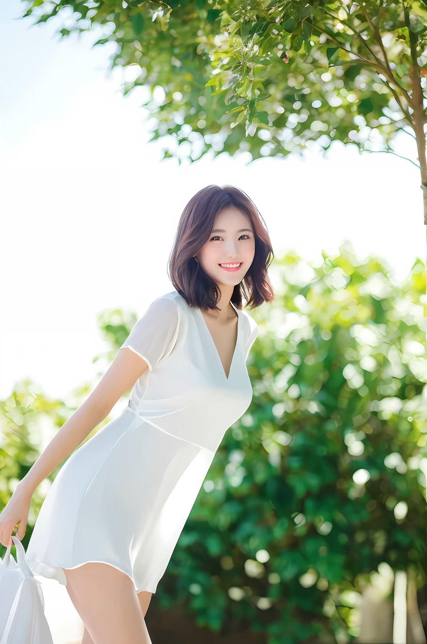 Best Quality, 8k, 32k, Masterpiece, UHD: 1.2), Big Boobs, Big Tits, 1 Woman, 22 years old, very beautiful slim legs, wearing silk clothes, very beautiful slender legs, light milky porcelain skin, seaside, milky skin, slender legs, beautiful slim legs, white clothes, pink clothes, silk clothes, under the shade tree, smile
