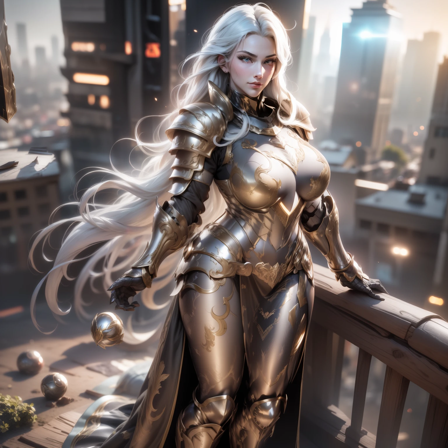 (Masterpiece, Superb Quality, Super Detailed, High Resolution), Male Focus, (((Female Armor))), (((Armor Dress Set))), (She Has Long White Hair, Big Breasts, Slim), (Standing Pose), Pose for Photo, Top View, City Ruins, Background Details, (((Full Body)), from above, Solo