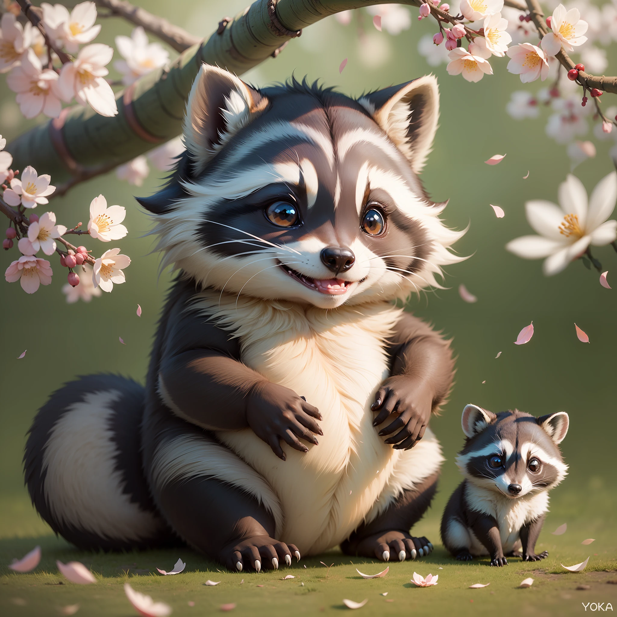 Raccoon, chibi raccon, baby raccoon, cute raccon, chubby raccoon, sumo pant, Yokozuna, cherry blossom background, Sakura petals