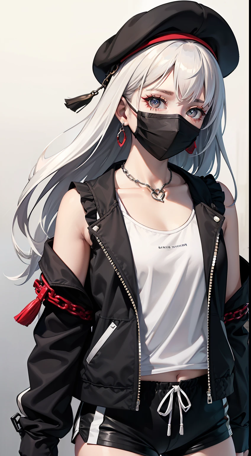 a Girl, (white skin: 1.21), (white pupil: 1.21),), (mask: 1.12), (tassel: 1.31), (earring: 1.11), (red eye shadow: 1.1), small chest, (plate armor: 1.1), (bandage), scar, mask covering face, wearing a mask, collarbone, ink style, chains, fine cloth texture, fine detail face, masterpiece, best quality, extremely fine, 8k, Masterpiece, Extreme, Fine, Illustration, Close-up, Looking straight, Focus on face, White hair, Long hair, Calm expression, Watcher, (Black sports vest: 1.21), (Black sports shorts: 1.21),jacket, hat