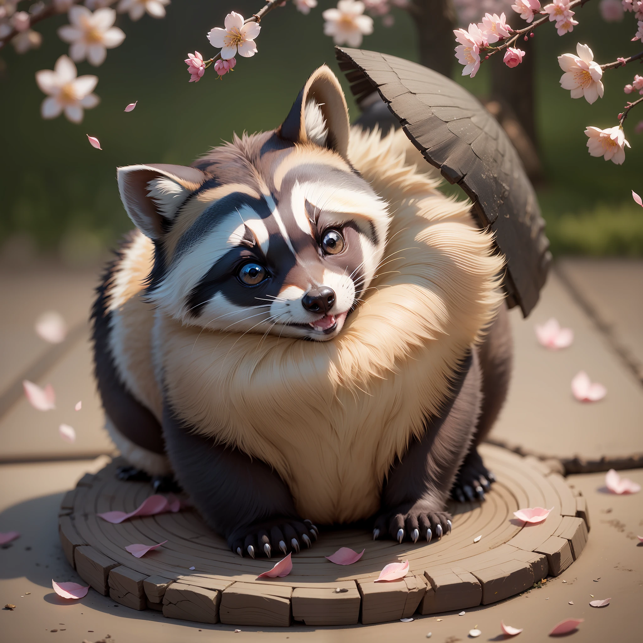 Raccoon, chibi raccon, baby raccoon, cute raccon, chubby raccoon, sumo pant, Yokozuna, cherry blossom background, Sakura petals