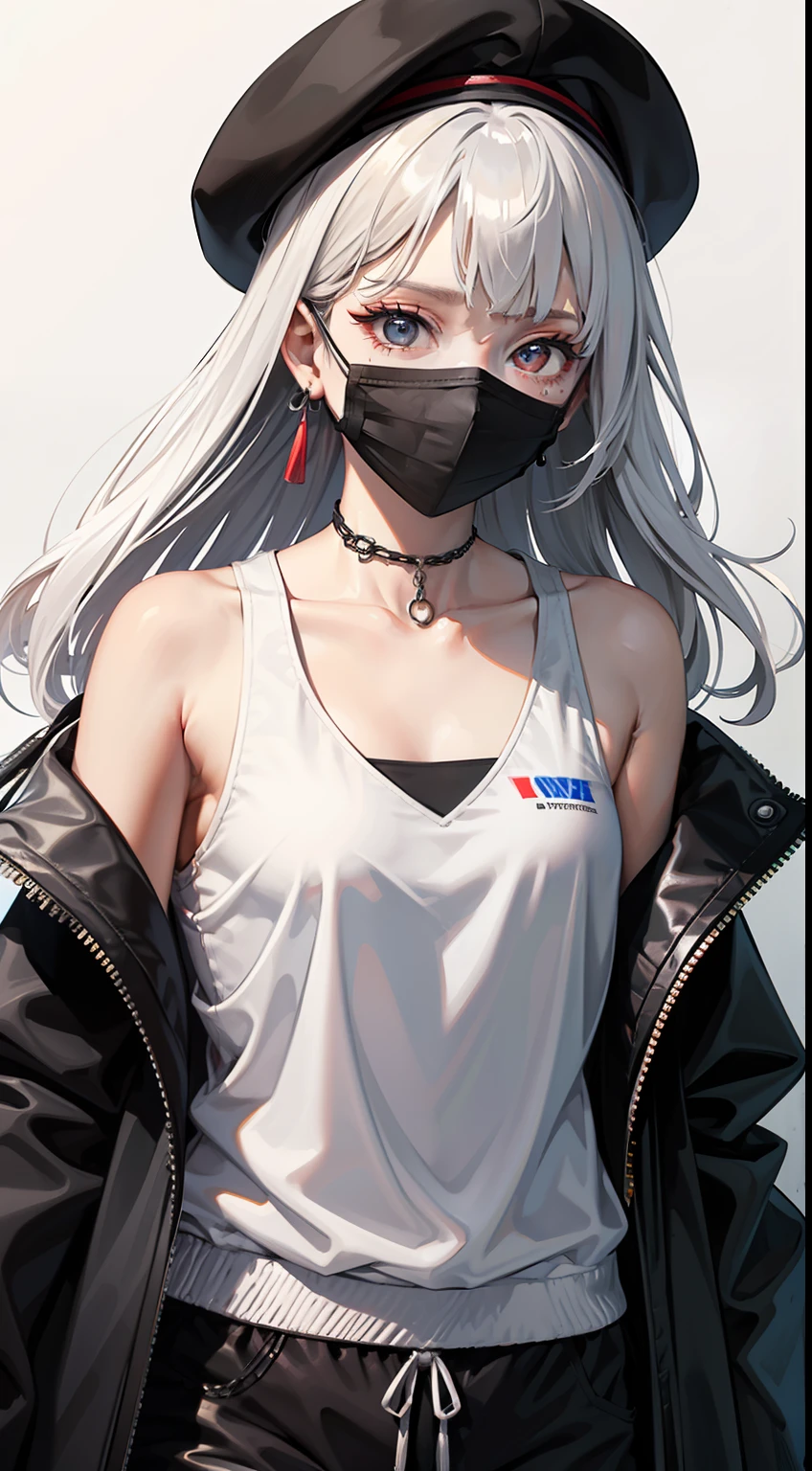 a Girl, (white skin: 1.21), (white pupil: 1.21),), (mask: 1.12), (tassel: 1.31), (earring: 1.11), (red eye shadow: 1.1), small chest, (plate armor: 1.1), (bandage), scar, mask covering face, wearing a mask, collarbone, ink style, chains, fine cloth texture, fine detail face, masterpiece, best quality, extremely fine, 8k, Masterpiece, Extreme, Fine, Illustration, Close-up, Looking straight, Focus on face, White hair, Long hair, Calm expression, Watcher, (Black sports vest: 1.21), (Black sports shorts: 1.21),jacket, hat