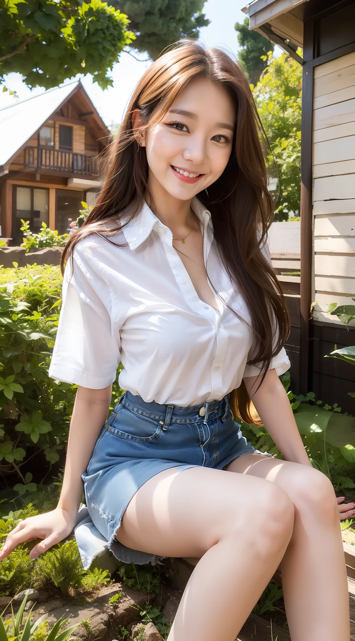 Smiling, white shirt and denim miniskirt
