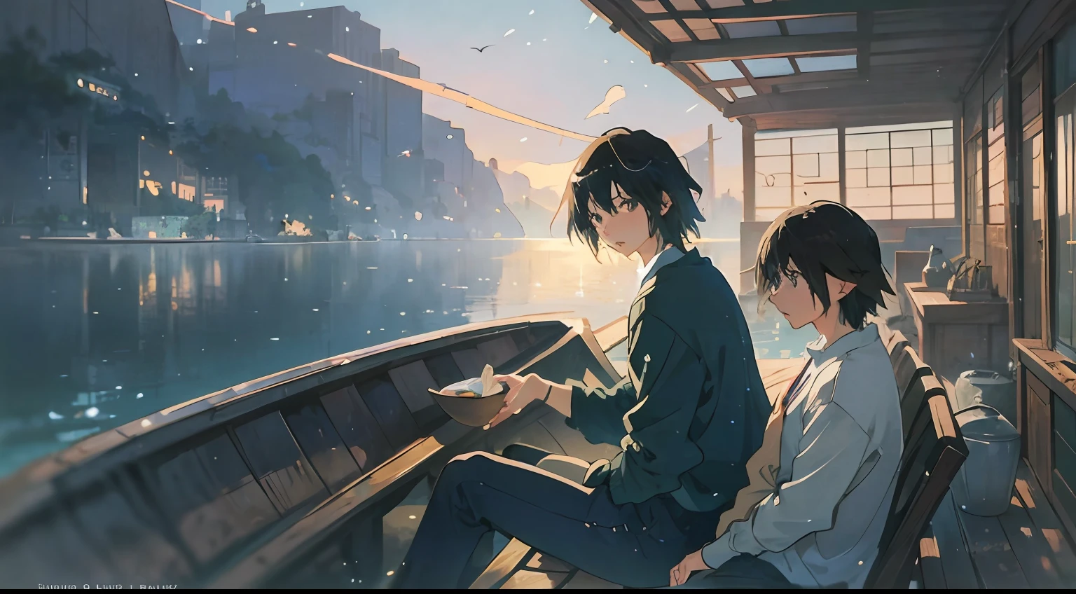 anime image of two young men sitting on a boat in the water, artwork in the style of guweiz, guweiz and makoto shinkai, lofi artstyle, style of makoto shinkai, ( ( makoto shinkai ) ), in style of makoto shinkai, makoto shinkai cyril rolando