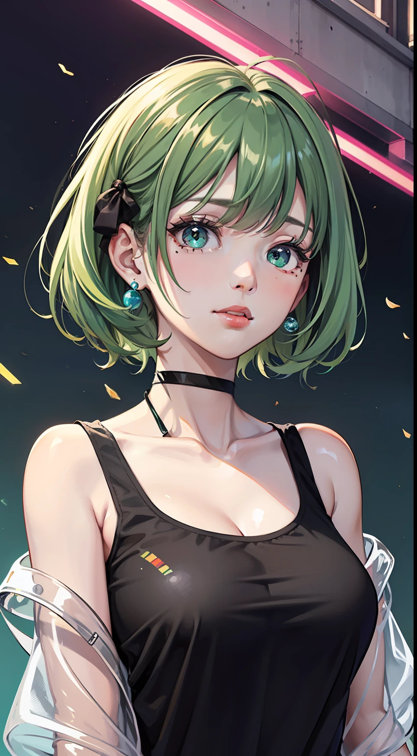 （masterpiece, best quality,8K,CG）,1girl,short hair, (black hair |green  hair)， rainbow color haircolorful hair，Gradual hair color，
(Transparent plastic jacket:1.2)，Black T-shirt,(simple background:1.2)   ,shiny, light particles, mole under eye, hair bobbles, big bubble, collarbone, hair ribbon, light particles, solar flare,