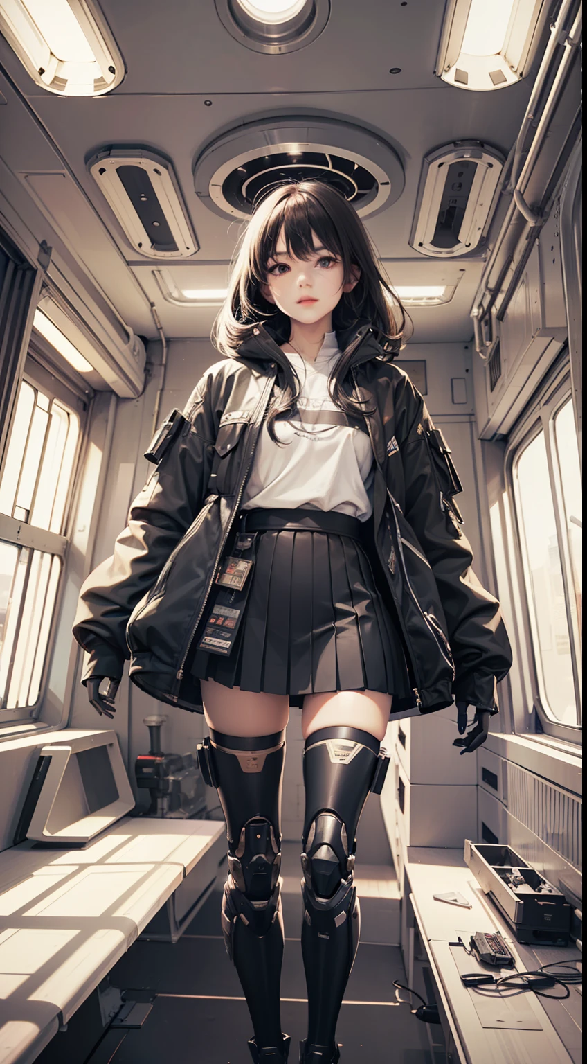1girl, (((full body ))), ((super vista)), (wearing short skirt, jacket, material fabric), mechanical body, mechanical arms, mechanical legs, medium chest, future, looking directly at the camera, delicate eyes , exquisite facial features, perfect face shape, masterpiece, realistic, hd, depth of field, masterpiece, superb, drama + 8k wallpaper vista, high detail, detailed background, intricate structural details, film lighting, masterpiece, best quality, high contrast, Soft Light, Backlight, Flare, Flash, Chromatic Aberration, Smooth, Sharp Focus, ((Spaceship Interior Background)), Excellent Anatomy,