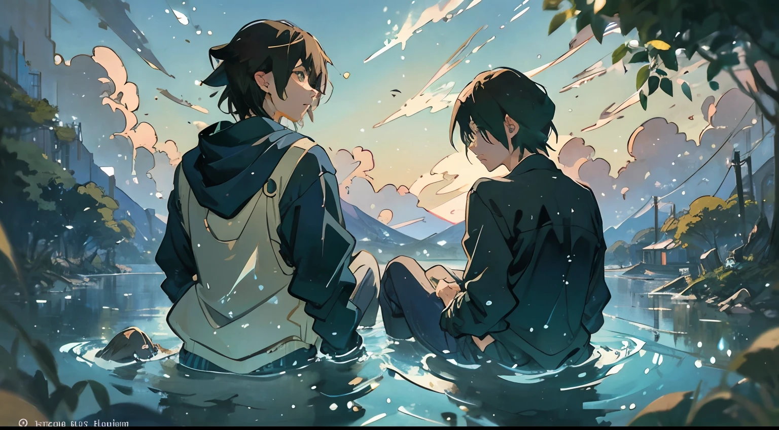 anime image of two young men sitting on a boat in the water, artwork in the style of guweiz, guweiz and makoto shinkai, lofi artstyle, style of makoto shinkai, ( ( makoto shinkai ) ), in style of makoto shinkai, makoto shinkai cyril rolando