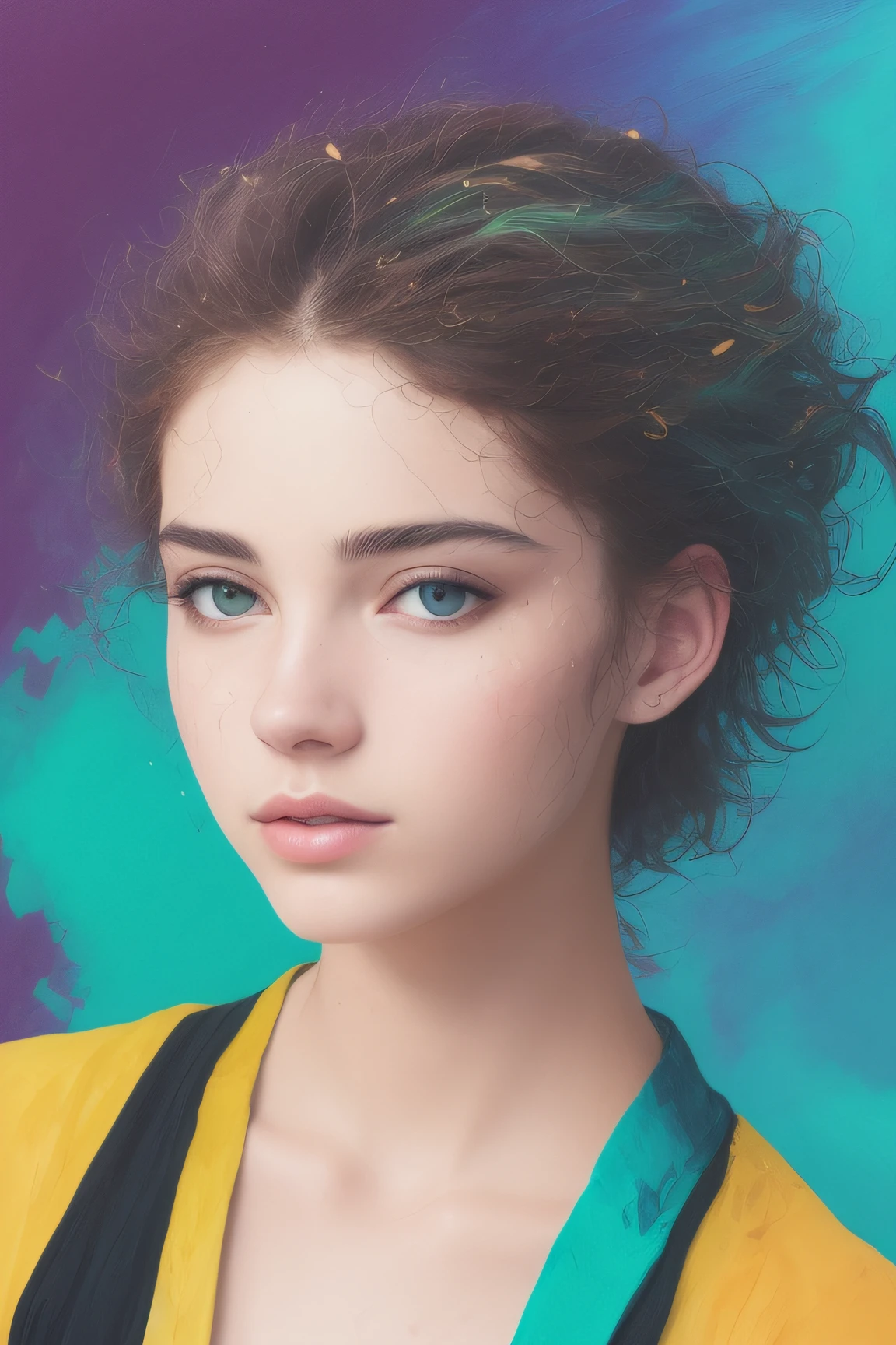 Colorful beautiful girl: a 20 year old girl, messy hair, oil painting, perfect face, soft skin perfect face, blue-yellow, light purple and violet addition, light red addition, intricate details, splash screen, 8k resolution, masterpiece, cute face, artstation digital painting smooth very black ink flow: 8k resolution realistic masterpiece: intricate fluid gouache: by Jean Baptiste Mongue: Calligraphy: Acrylic: Watercolor Art, Professional Photography, Natural Daylighting, Volumetric Lighting Minimalist Photography Illustration: by Marton Bobzert: , Complex, elegant, expansive, dreamy, wavy hair, full of energy
