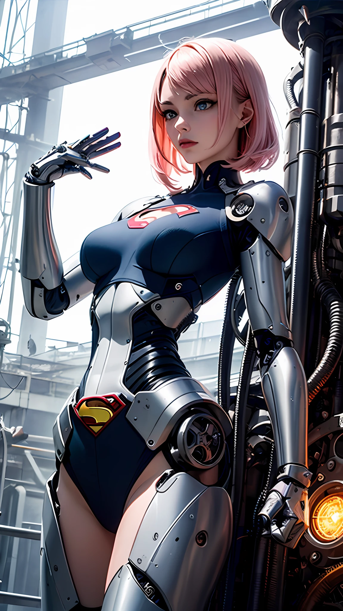 One-sided layered cut Bob, (Blonde to pink hair: 1.3), ((Transparent blue eyes (purple)), ((Beautiful and detailed eyes, Jewel-like eyes, Bright blue eyes: 1.3)) , The female body incorporates mechanical components such as gears with supernan S on the chest, wires and circuits that merge with the natural shape of the female to create a visually captivating and futuristic aesthetic. The mechanical elements emphasize precision and functionality, with interlocking gears and gears that work harmoniously with the feminine physique. Female faces can have cybernetic enhancements, such as glowing eyes, neural implants, and metallic facial features that symbolize the fusion of man and machine. This work of art embodies both the strength of a woman and the grace of the human spirit. Lighting and shadows play an important role, increasing the contrast between organic and mechanical elements and adding depth to the composition. It emphasizes the mechanical nature of the artwork. Background details can include futuristic cityscapes, industrial landscapes, or abstract patterns to further enhance the futuristic feel. Overall, the work captures the essence of a woman embracing the integration of machines, celebrating the possibilities and complexities of a future where humans and technology coexist, using Superman's S symbol.
