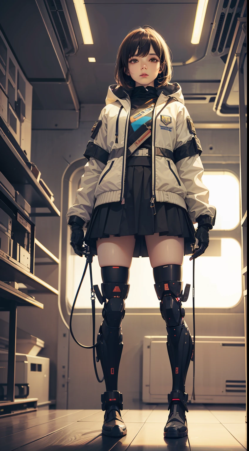 1girl, (((full body ))), ((super vista)), (wearing short skirt, jacket, material fabric), mechanical body, mechanical arms, mechanical legs, medium chest, future, looking directly at the camera, delicate eyes , exquisite facial features, perfect face shape, masterpiece, realistic, hd, depth of field, masterpiece, superb, drama + 8k wallpaper vista, high detail, detailed background, intricate structural details, film lighting, masterpiece, best quality, high contrast, Soft Light, Backlight, Flare, Flash, Chromatic Aberration, Smooth, Sharp Focus, ((Spaceship Interior Background)), Excellent Anatomy,