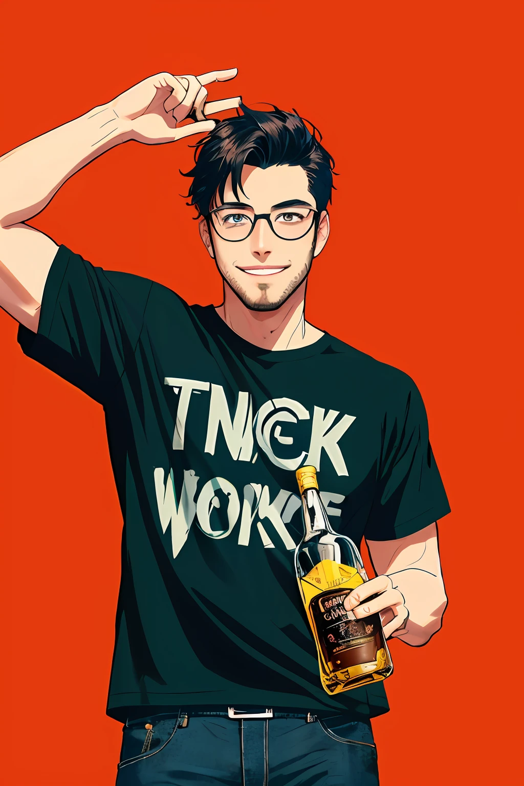 Pop Art, 1 man, no glasses, black t-shirt, friendly and confident, clinking glasses with a bottle of whiskey, neon palette