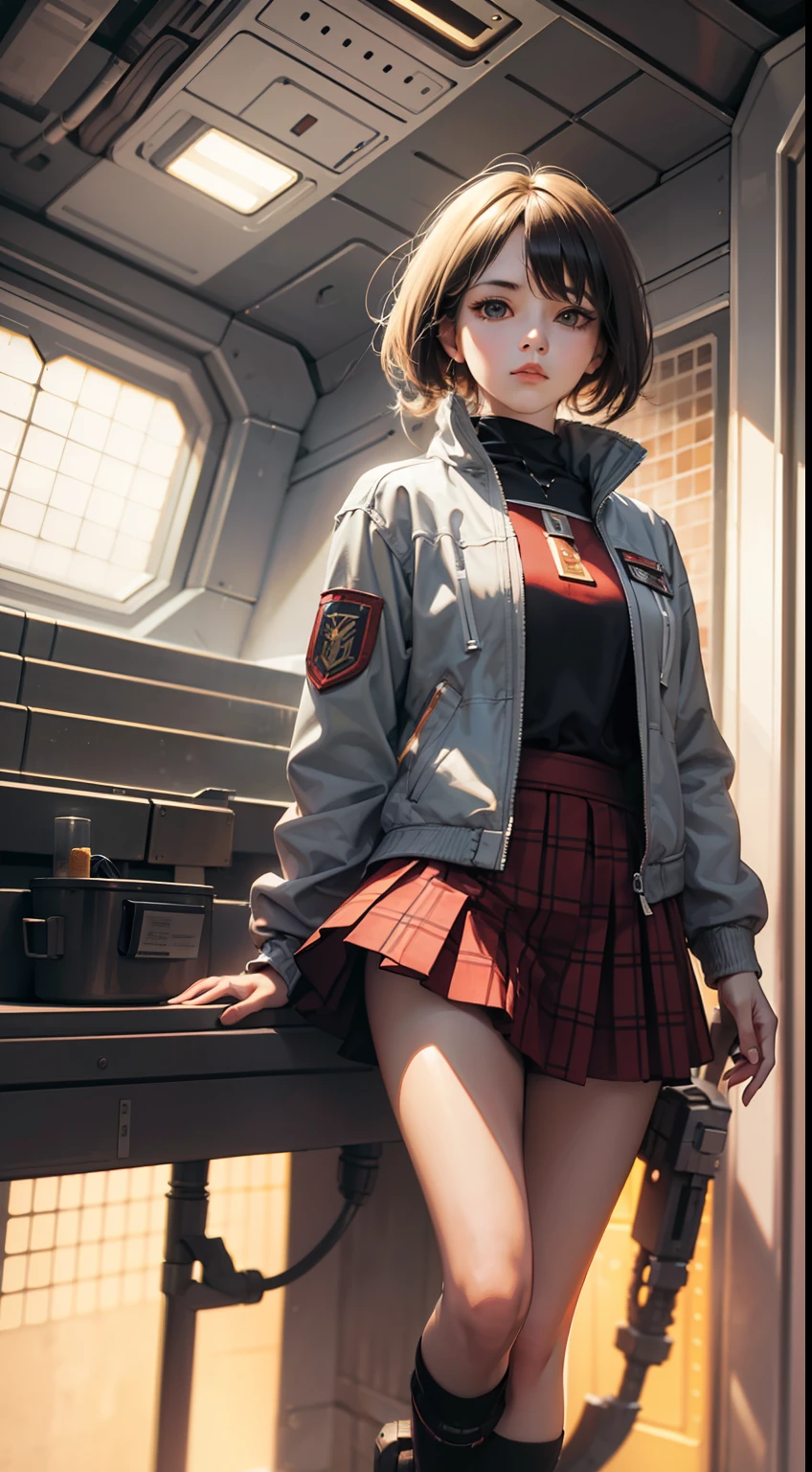 1girl, (((full body ))), ((super vista)), (wearing short skirt, jacket, material fabric), mechanical body, mechanical arms, mechanical legs, medium chest, future, looking directly at the camera, delicate eyes , exquisite facial features, perfect face shape, masterpiece, realistic, hd, depth of field, masterpiece, superb, drama + 8k wallpaper vista, high detail, detailed background, intricate structural details, film lighting, masterpiece, best quality, high contrast, Soft Light, Backlight, Flare, Flash, Chromatic Aberration, Smooth, Sharp Focus, ((Spaceship Interior Background)), Excellent Anatomy,