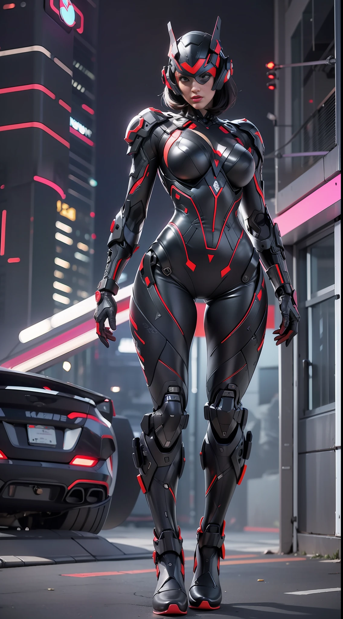 solo, super fine photo, full body picture Unreal Engine 5 8K UHD of beautiful girl, bob hair style, black color scheme tight cyberpunk battle suit, cybernetic glove, cybernetic helmet, futuristic design, beautiful make up, luxurious, best quality, masterpiece, official art, unified 8k wallpaper, super detailed, sharp focus, dynamic pose, body parts