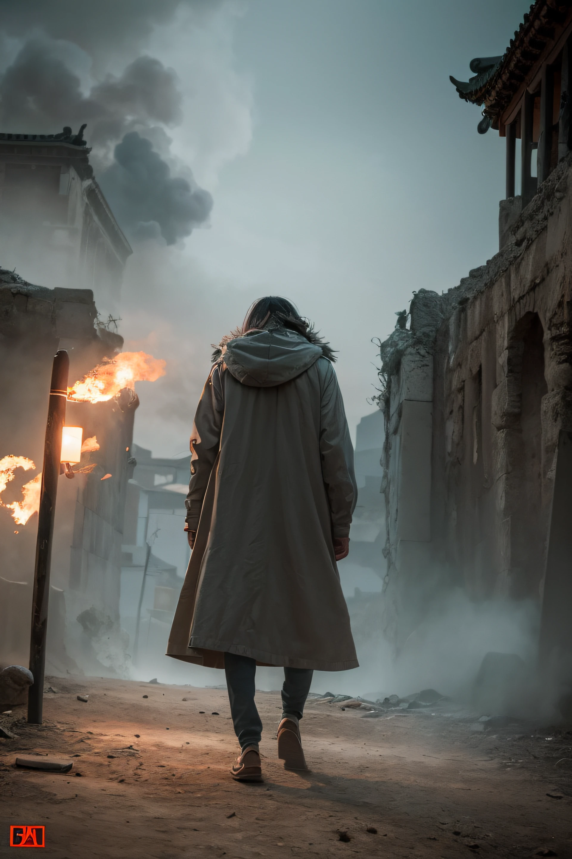 horror film movie scene In ancient theatre,smoke,inspired by chinese mythology, cinematic lighting, hyperrealistic, cinematic lighting, 8k --ar 9:16 --chaos --auto