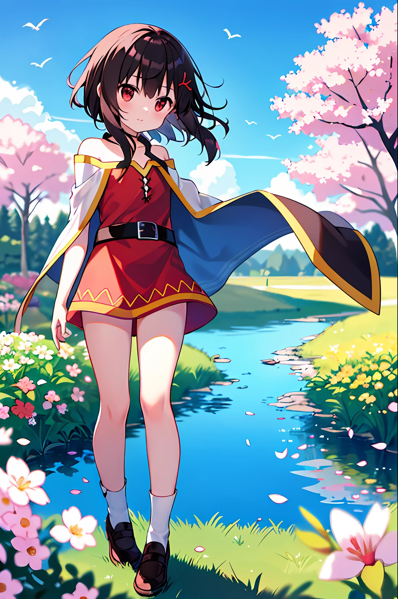 (Higher image quality), (Masterwork),(Detailed description of eyes),(Detailed description of face), 1menina_megumin_konosuba,red eyes,black hair,(short hair),short hair (floating in the wind), hair ornament, white dress, small breasts, bare legs, white socks, leather shoes, arms and hands behind the back, blush, fluttering grass, (spring, sakura flowers),  petals, (lens reflection), altocumulus, dazzling light, cool breeze, (shadow) of [a sakura tree], meadow, (grass is growing and birds are flying), (lake, surface reflection)