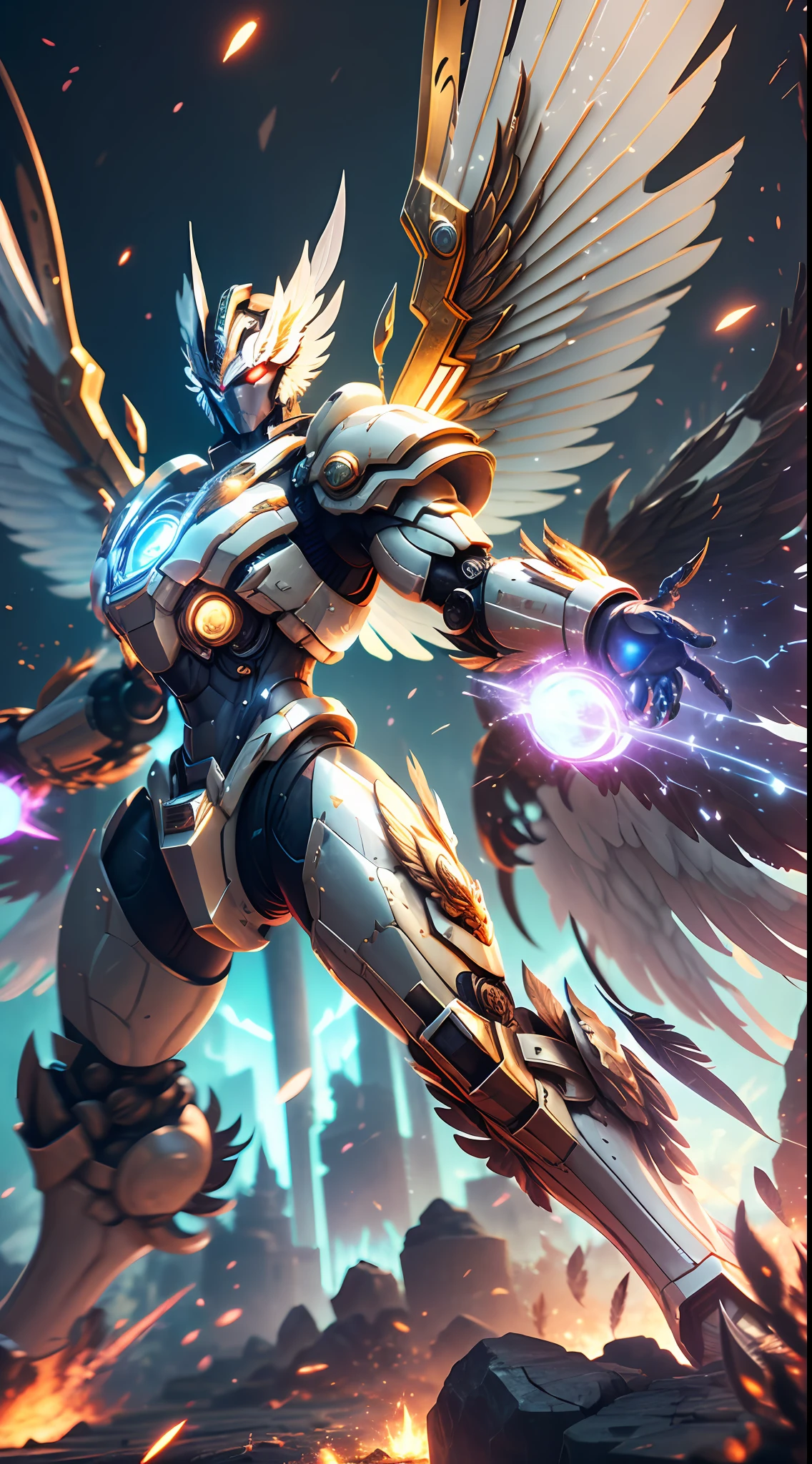 Steampunk style, cool colors, cinematic effects, huge sci-fi mecha, white-gold mecha with strong metallic luster, metallic wings on the back, wings are feathers and layered, holding Fang Tianji, Fang Tianji particle light, Fang Tianji particle special effects, aesthetic, scattered, battle posture, battle posture display, super details, perfect details, 8K, top painting, feature article, studio environment, concept art, epic composition, with HD details, metallic texture and tension composition, hyper-realistic, ultra-realistic, rich in detail.3D. C4D,