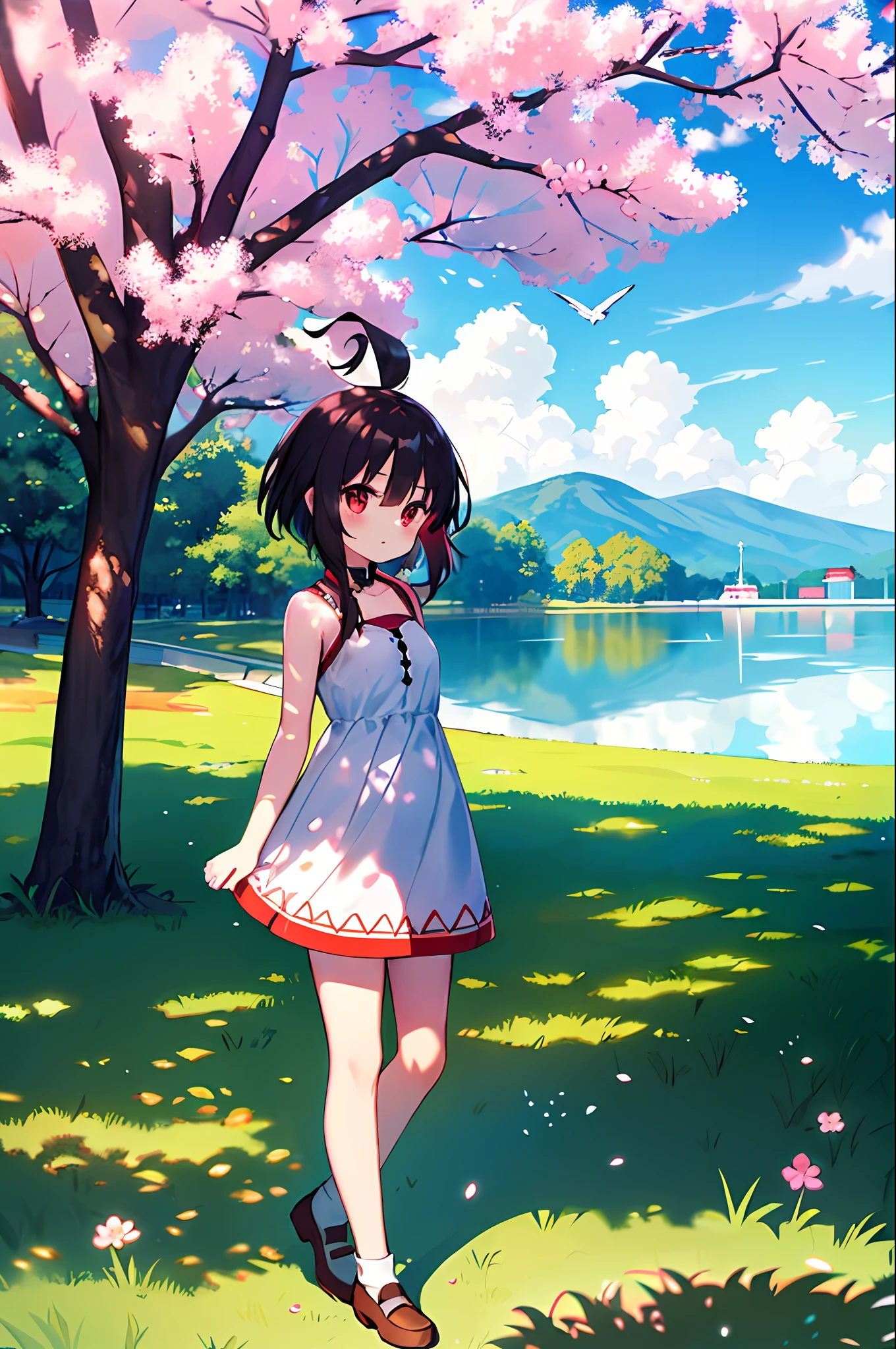 (Higher image quality), (Masterwork),(Detailed description of eyes),(Detailed description of face), 1menina_megumin_konosuba,red eyes,black hair,(short hair),short hair (floating in the wind), hair ornament, white dress, small breasts, bare legs, white socks, leather shoes, arms and hands behind the back, blush, fluttering grass, (spring, sakura flowers),  petals, (lens reflection), altocumulus, dazzling light, cool breeze, (shadow) of [a sakura tree], meadow, (grass is growing and birds are flying), (lake, surface reflection)