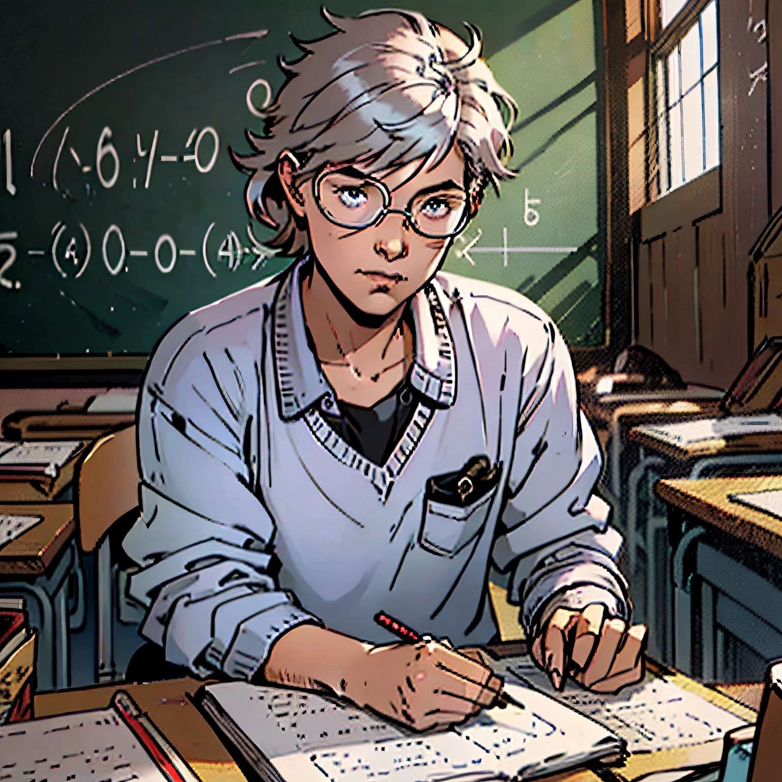 ((Masterpiece)), ((best quality)), 8K, high detailed, ultra-detailed, a boy sitting at his desk in a classroom,((textbooks and notebooks on the table)),((blackboard with math equations written on it)),((large windows that let in bright sunlight)),((classmates in the background engaged in different activities)),((a clock ticking on the wall)),((teacher standing at the front of the room holding a piece of chalk))