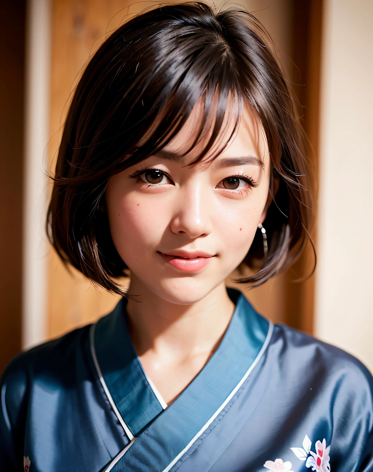 best quality, face focus, soft light, (depth of field) ,ultra high res, (photorealistic:1.4), RAW photo, (portrait:1.4) ,(from front)
1japanese girl, solo, cute, (shy, smile:1.1), (brown eyes),  detailed beautiful face, (short_hair ), japanese-style room
(silk kimono:1.4)